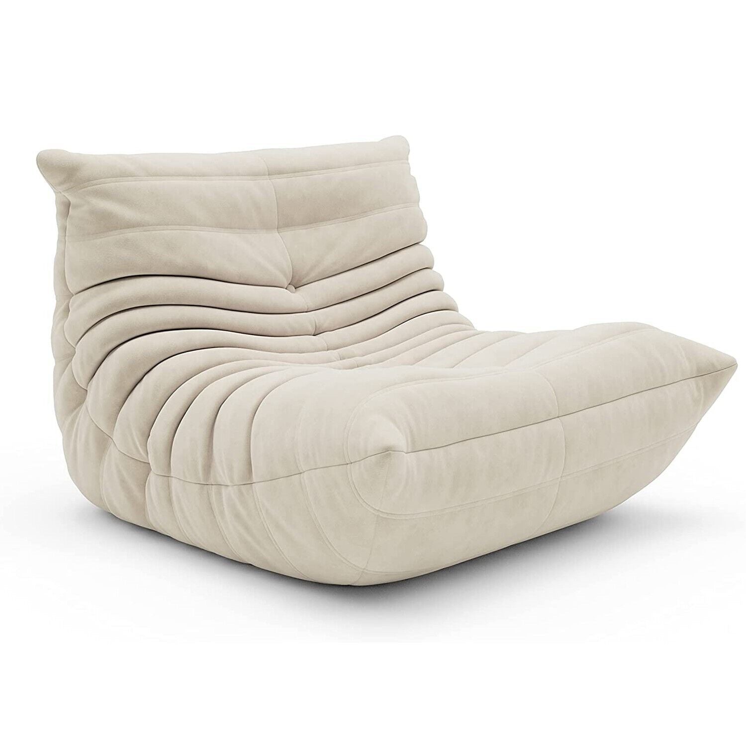 Innist pleated sofa in off-white suede, 45-degree hero view showing rippled low-profile design