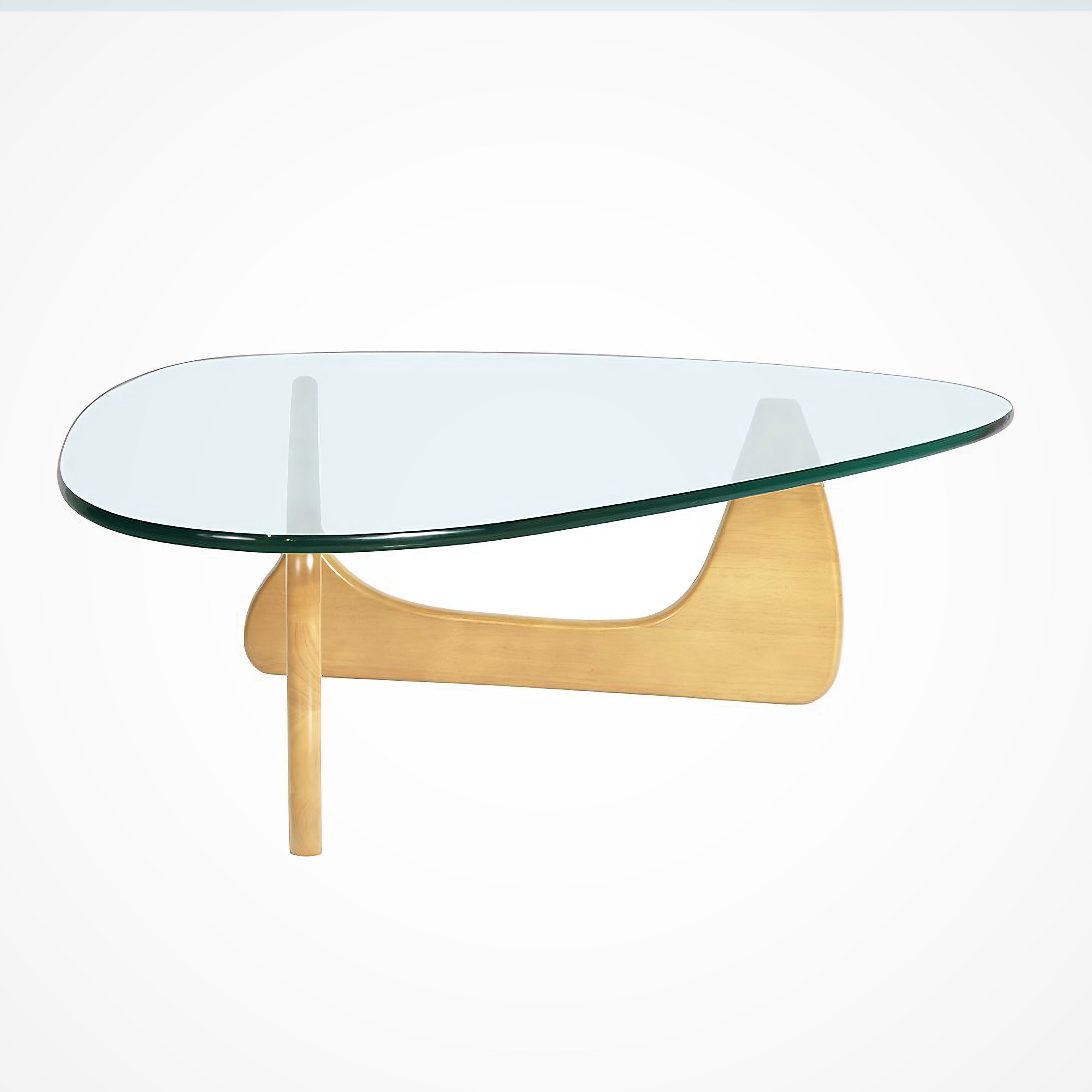 Innist sculptural coffee table in light ash, side angle view of biomorphic pale wood base