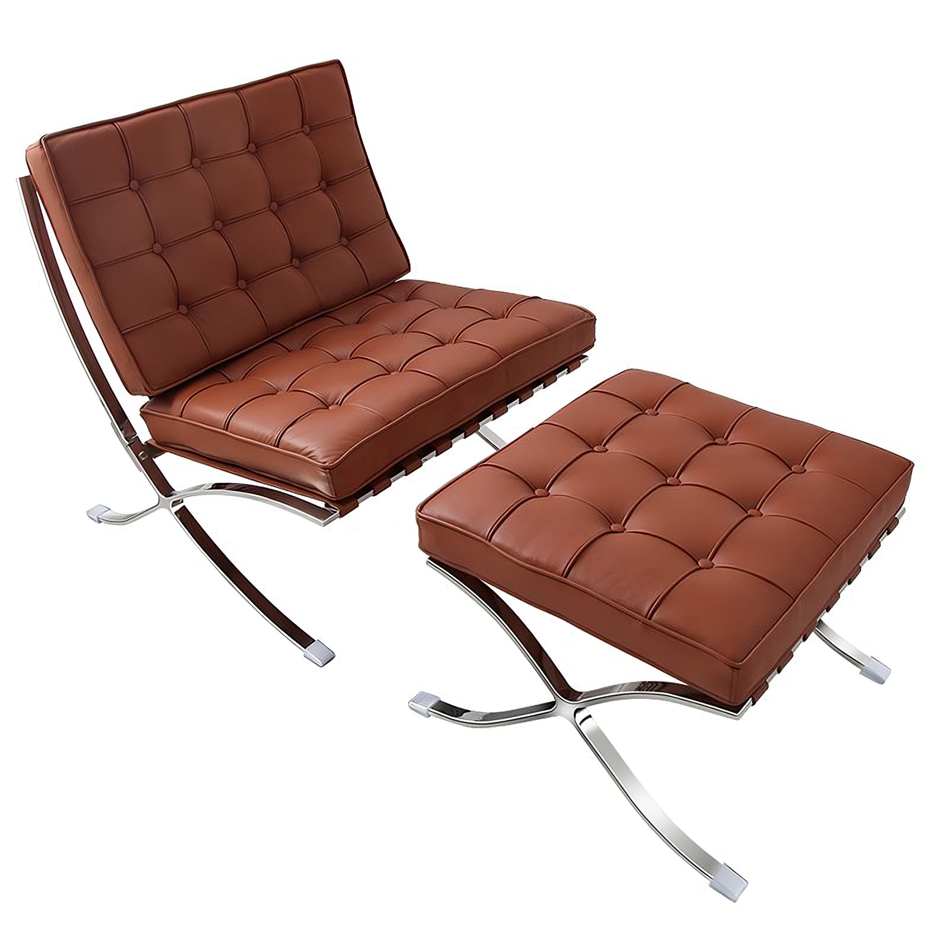 Ludwig Mies van der Rohe Barcelona Pavilion Chair and Ottoman, Full-Grain Leather and Steel