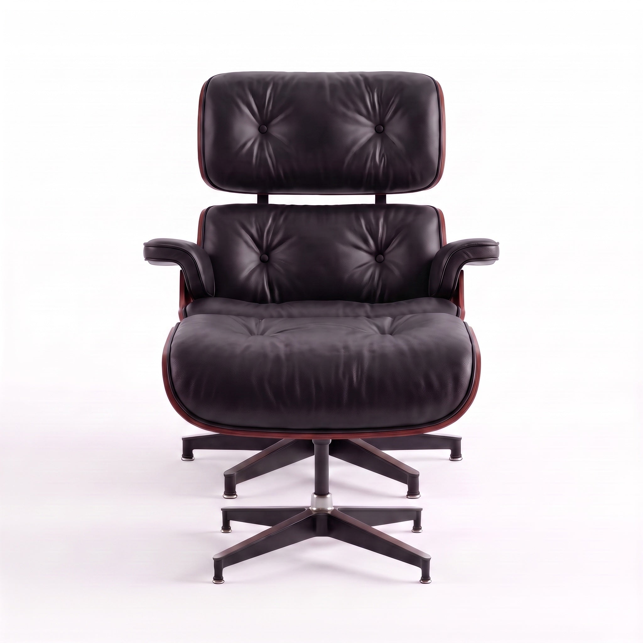 Mid-Century Lounge Chair & Ottoman in Full-Grain Leather, Aluminum, and Veneer
