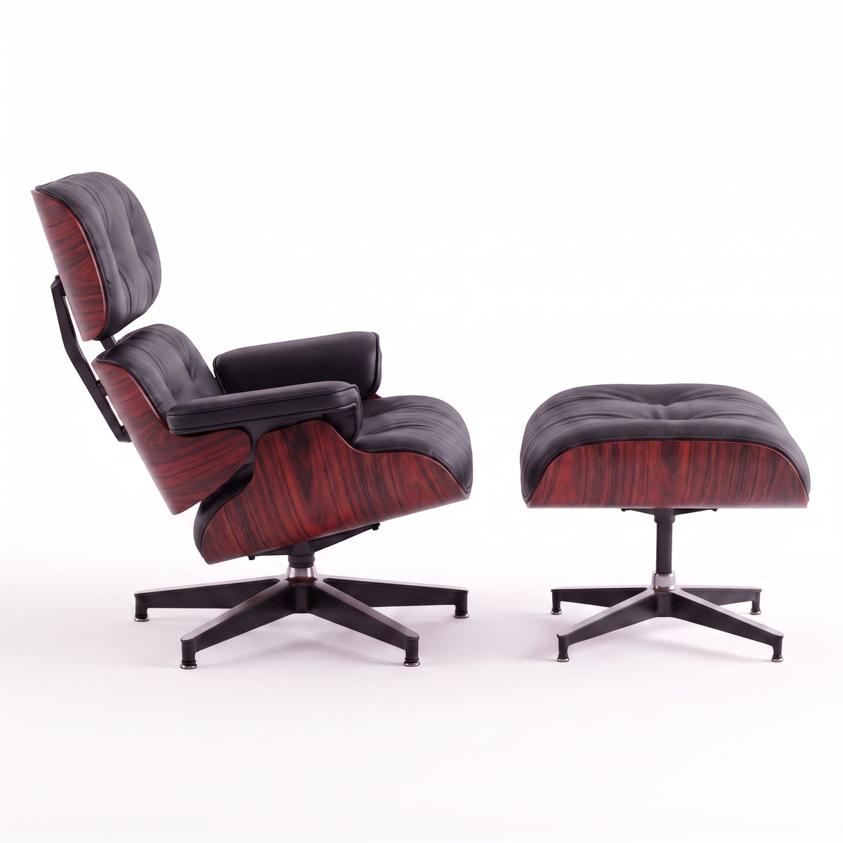 Mid-Century Lounge Chair & Ottoman in Full-Grain Leather, Aluminum, and Veneer