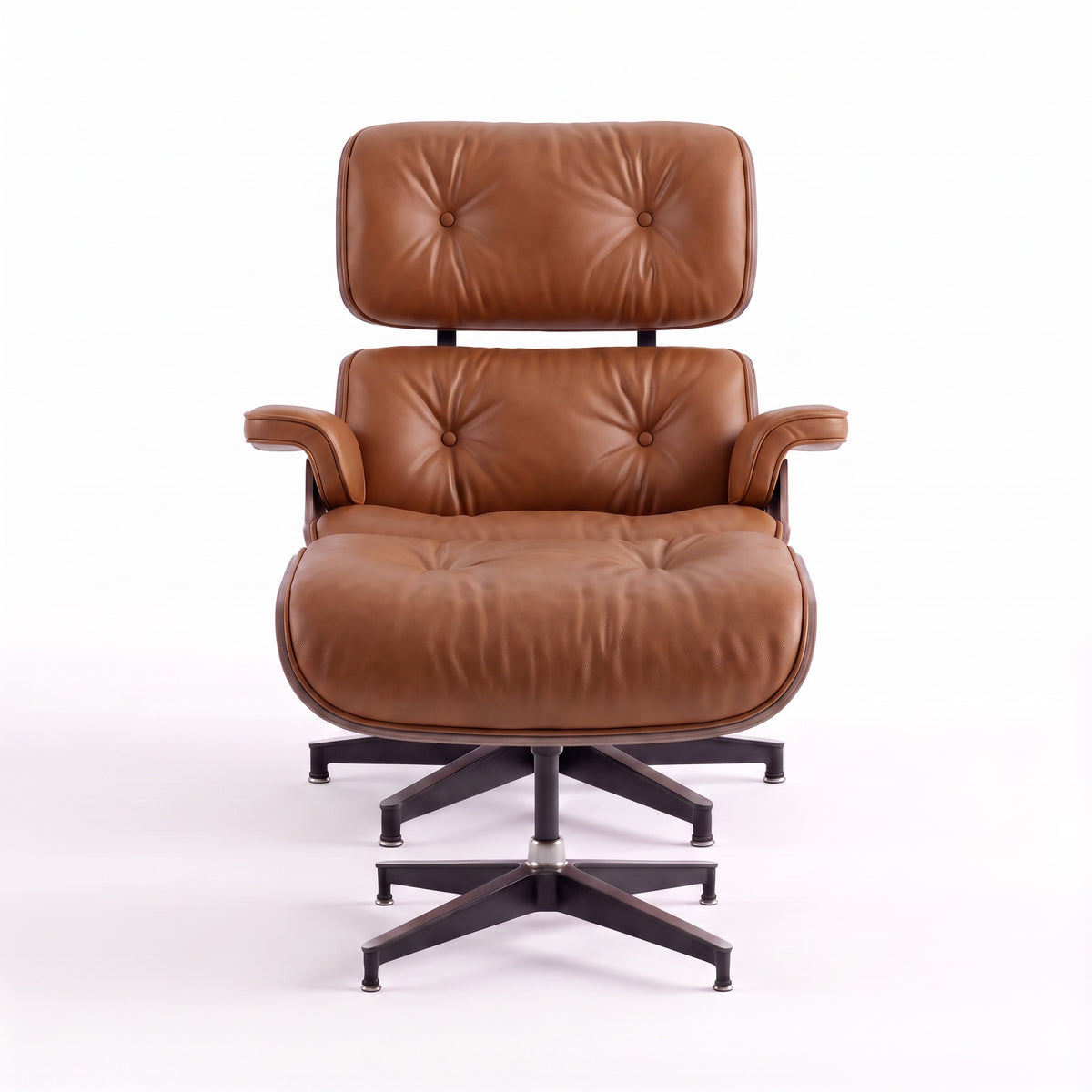 Mid-Century Lounge Chair & Ottoman in Full-Grain Leather, Aluminum, and Veneer