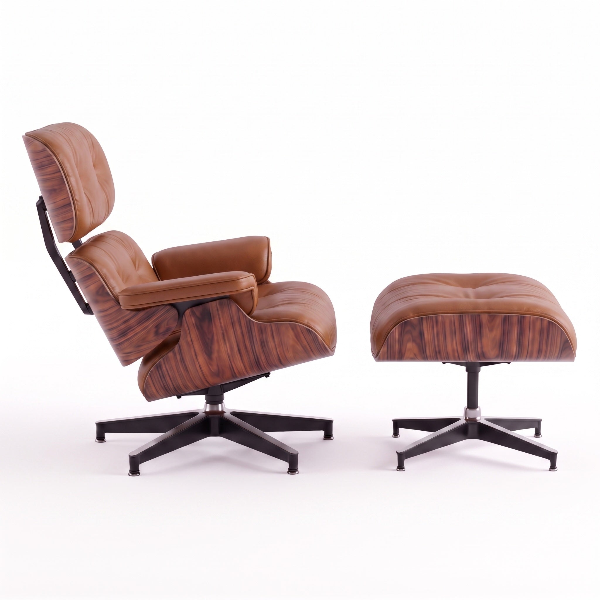 Mid-Century Lounge Chair & Ottoman in Full-Grain Leather, Aluminum, and Veneer