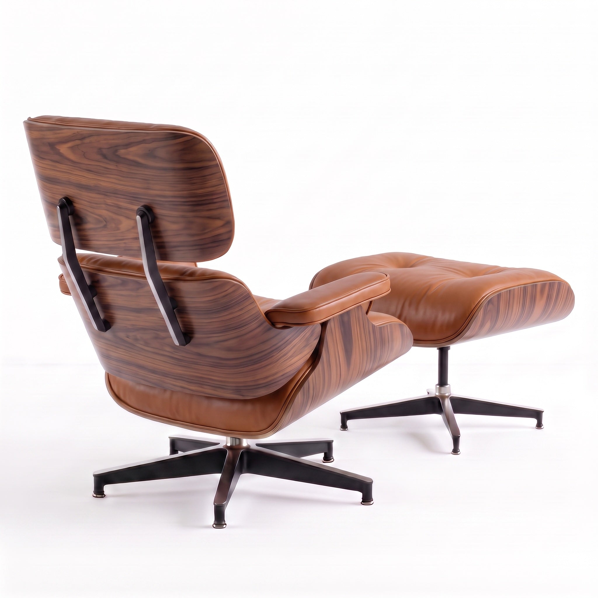 Mid-Century Lounge Chair & Ottoman in Full-Grain Leather, Aluminum, and Veneer