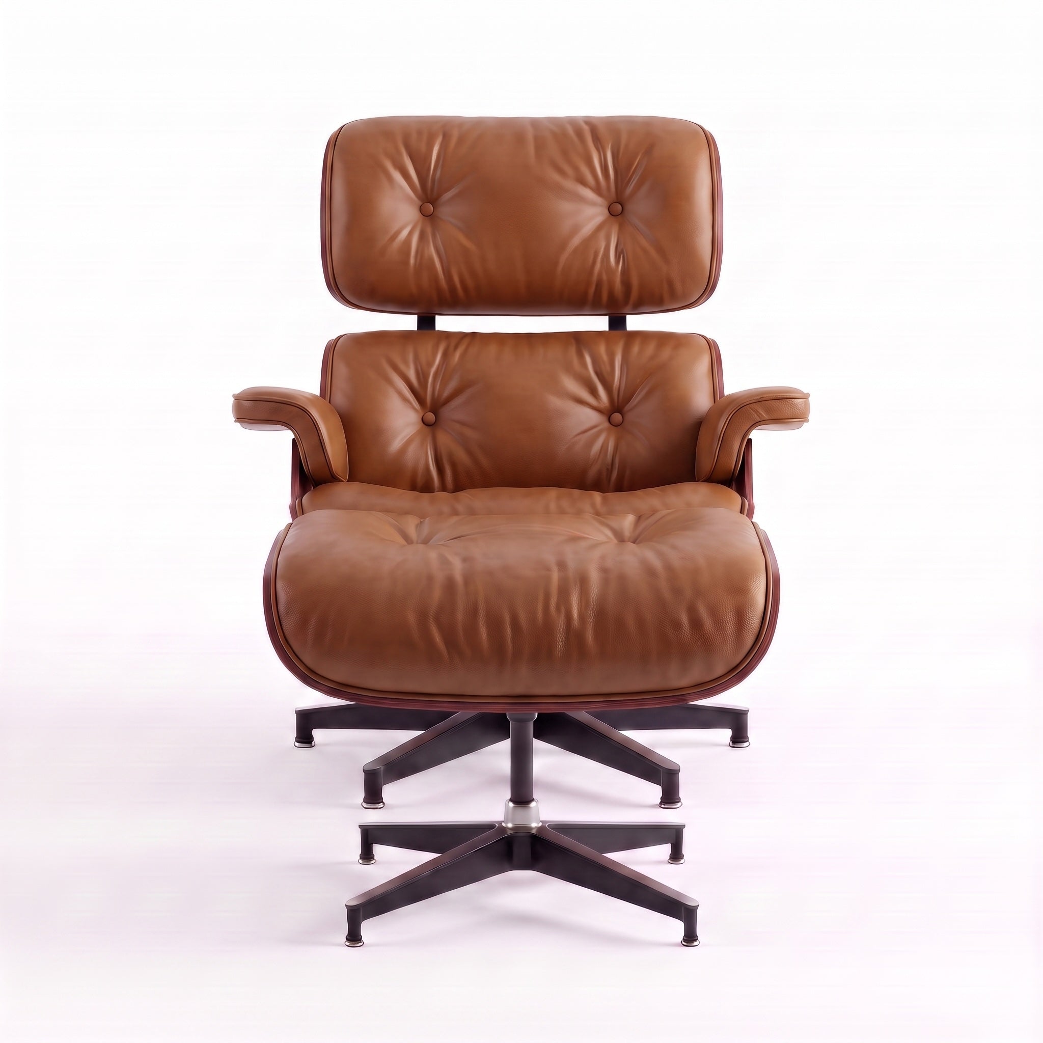 Mid-Century Lounge Chair & Ottoman in Full-Grain Leather, Aluminum, and Veneer