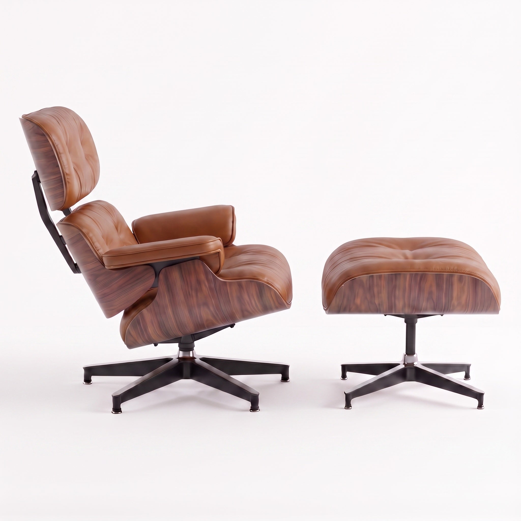Mid-Century Lounge Chair & Ottoman in Full-Grain Leather, Aluminum, and Veneer