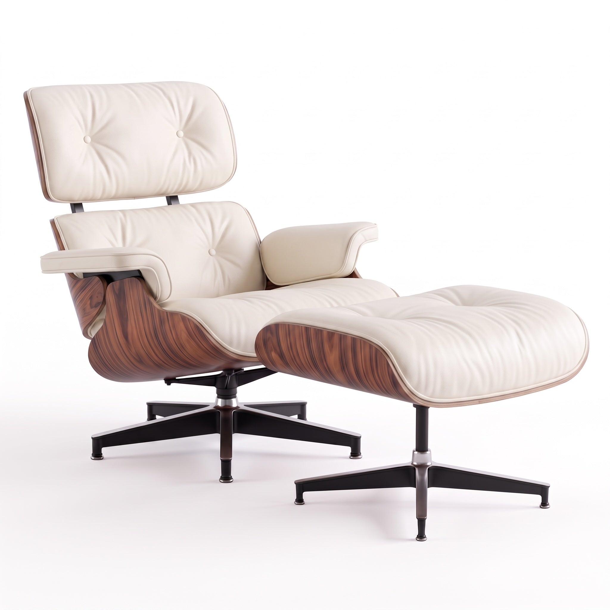 Mid-Century Lounge Chair & Ottoman in Full-Grain Leather, Aluminum, and Veneer