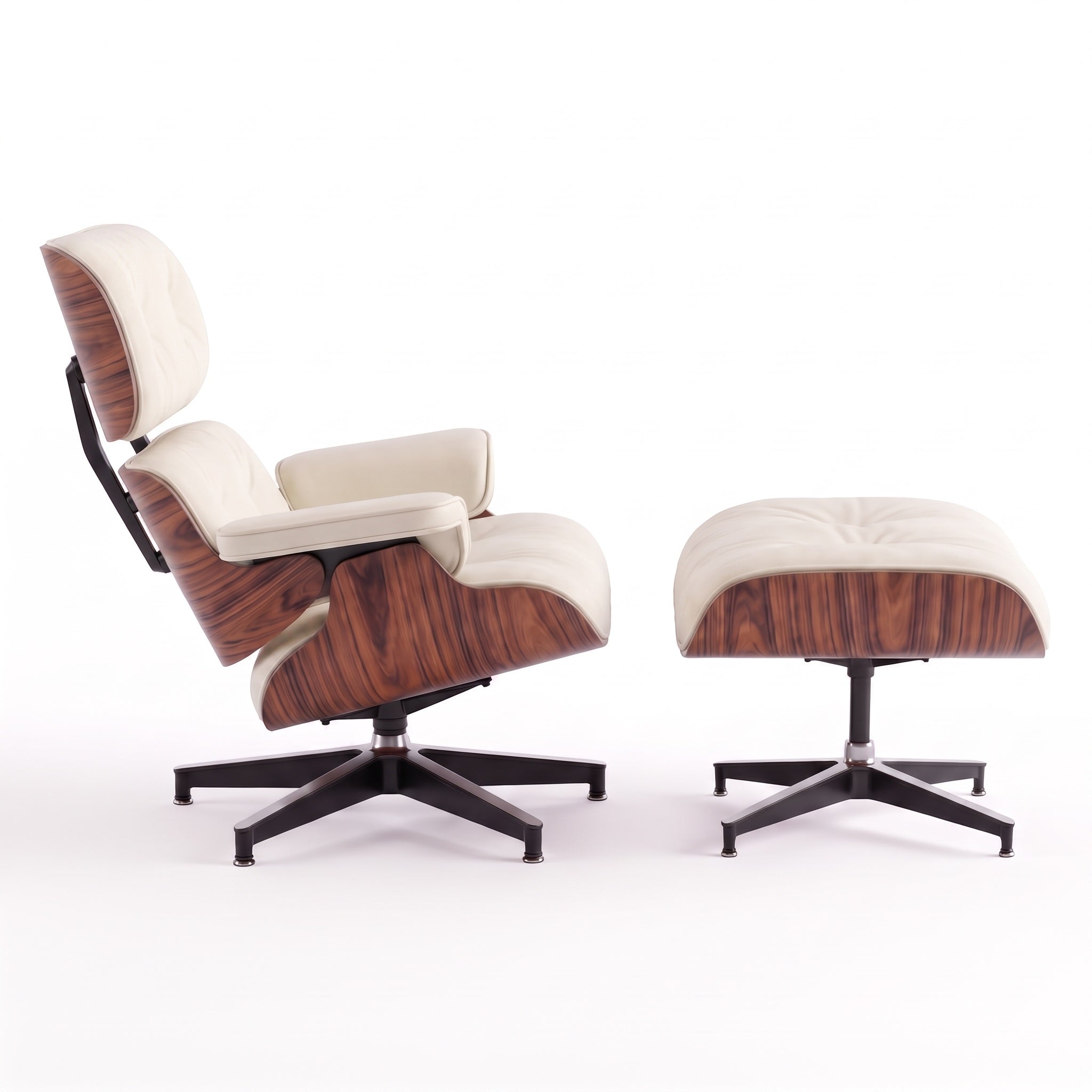 Mid-Century Lounge Chair & Ottoman in Full-Grain Leather, Aluminum, and Veneer
