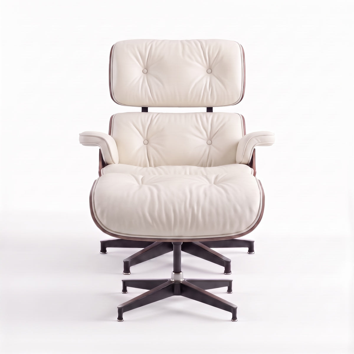Mid-Century Lounge Chair & Ottoman in Full-Grain Leather, Aluminum, and Veneer