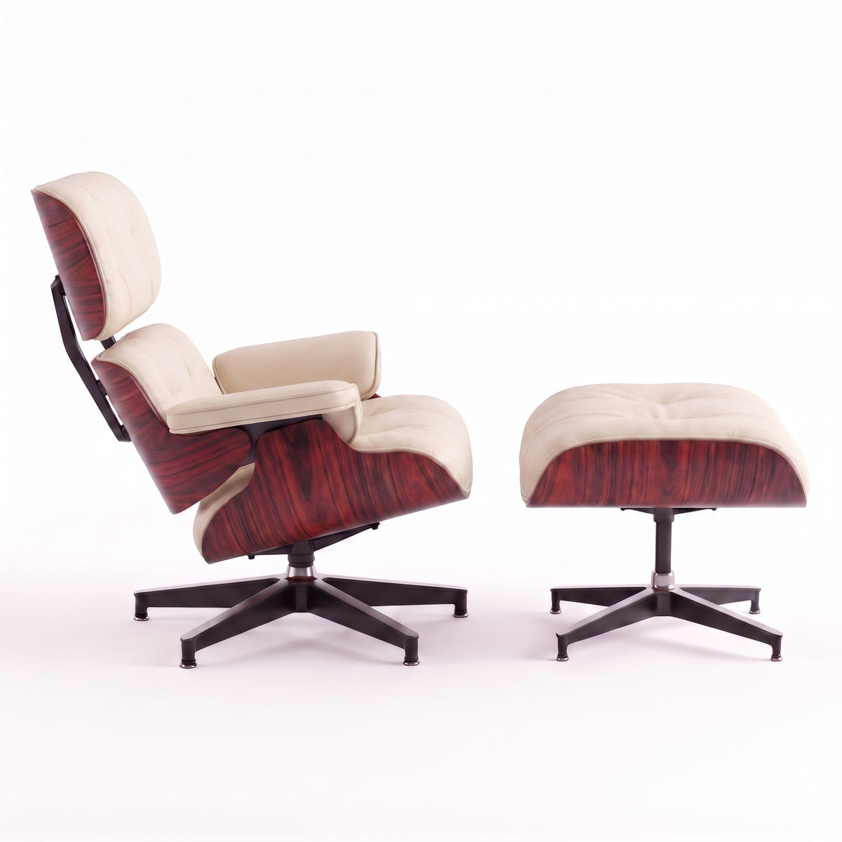 Mid-Century Lounge Chair & Ottoman in Full-Grain Leather, Aluminum, and Veneer