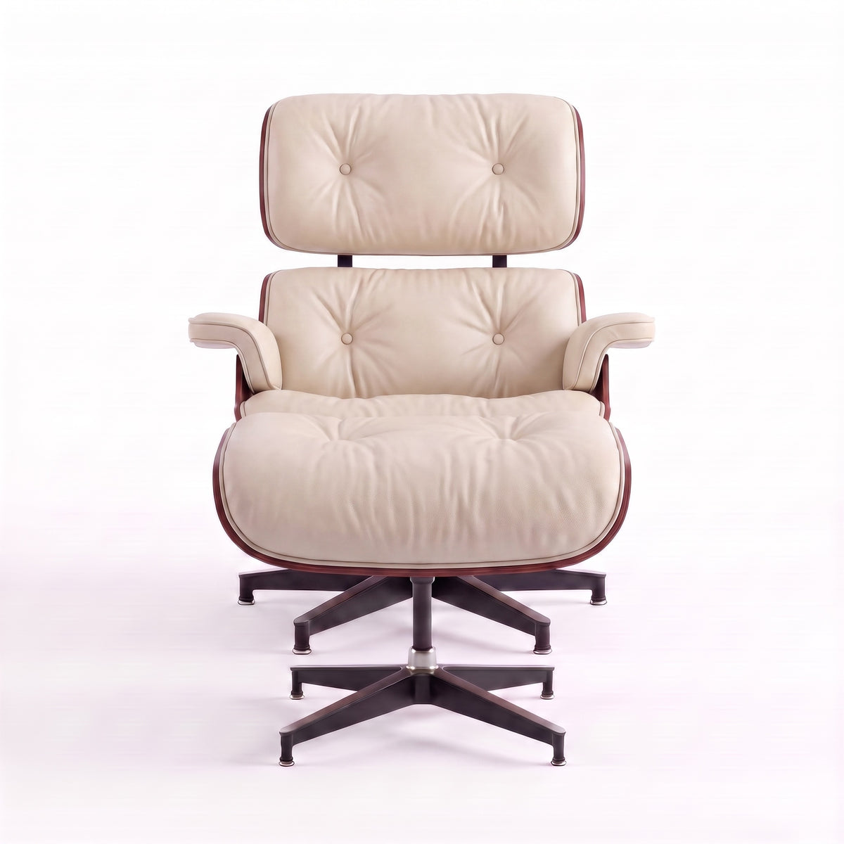 Mid-Century Lounge Chair & Ottoman in Full-Grain Leather, Aluminum, and Veneer