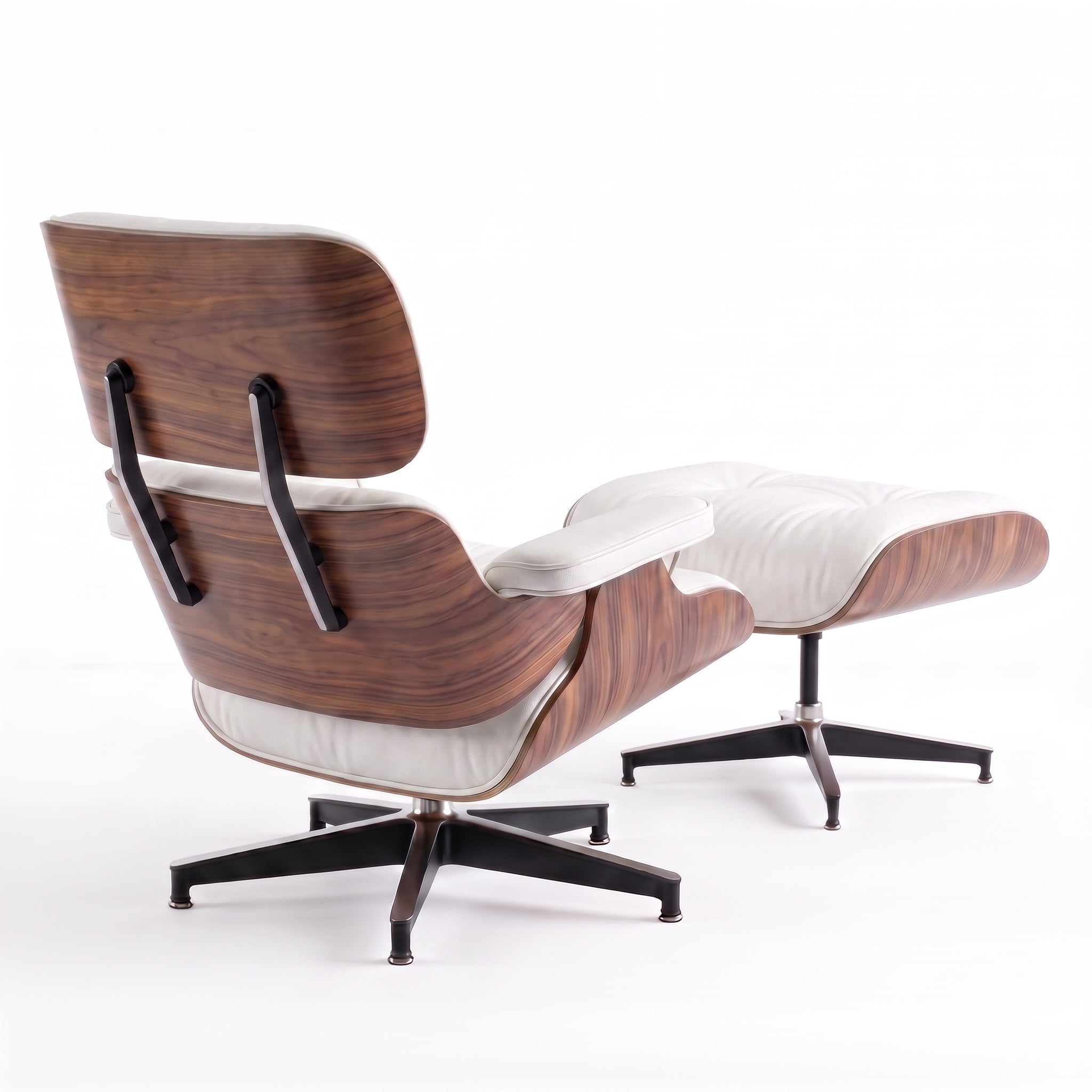 Mid-Century Lounge Chair & Ottoman in Full-Grain Leather, Aluminum, and Veneer