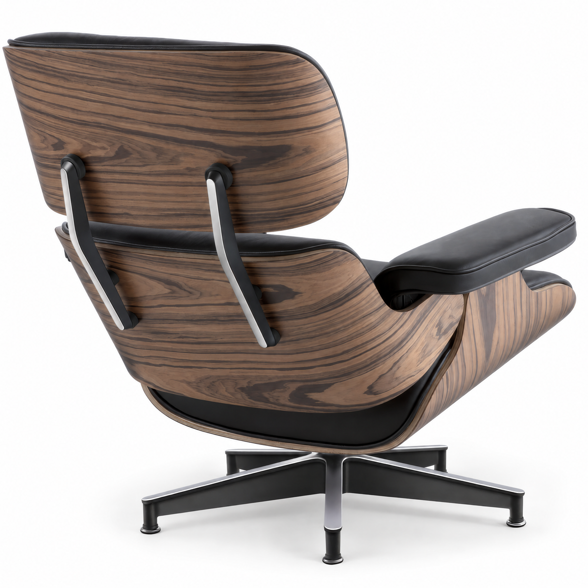 Mid-century lounge chair in black leather with palisander veneer, rear three-quarter view