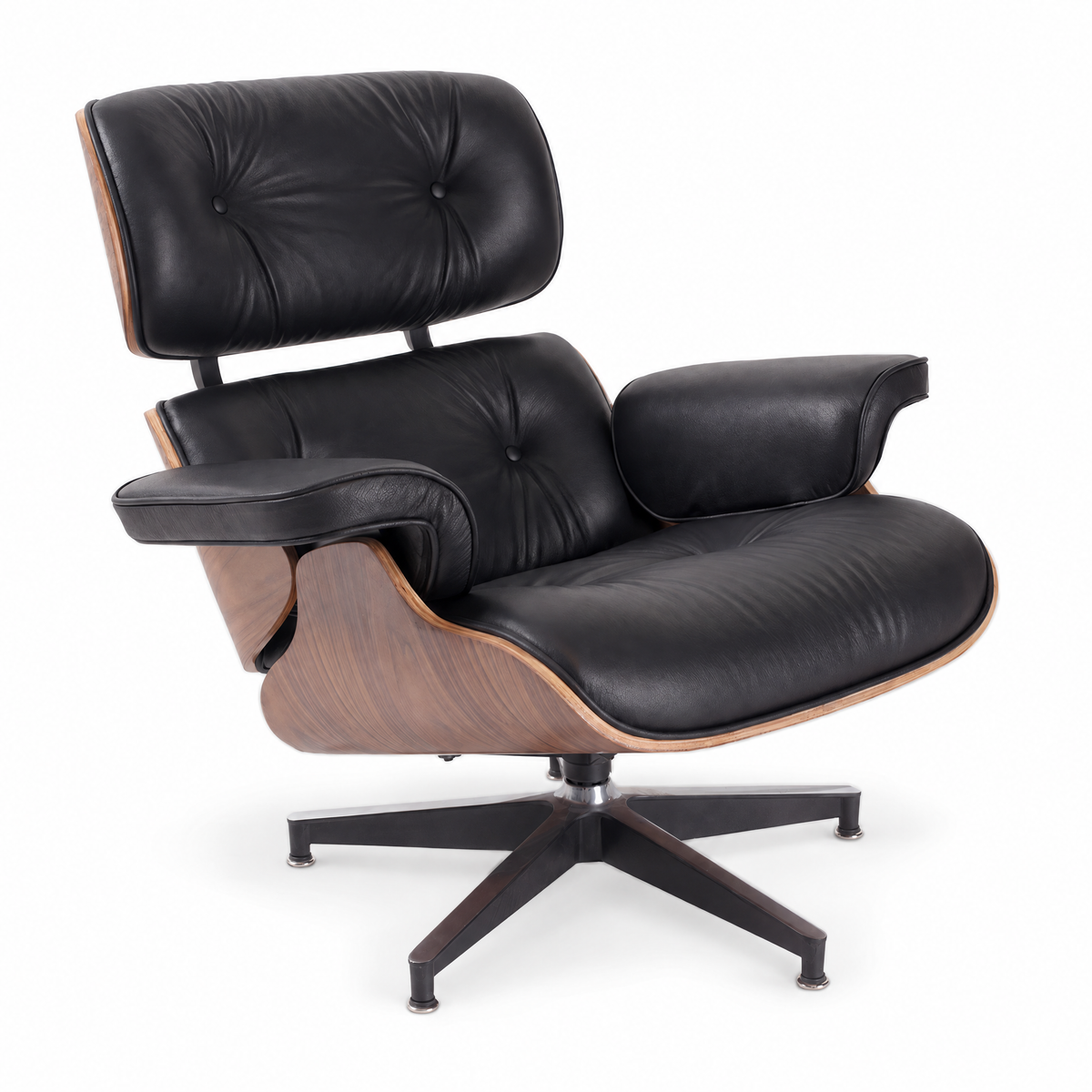 Mid-century lounge chair in black leather with walnut veneer, front three-quarter view