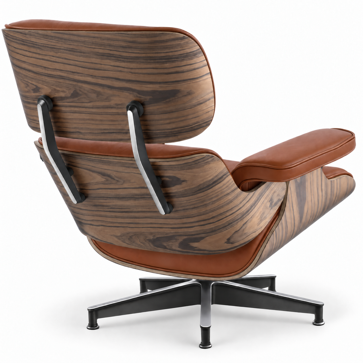Mid-century lounge chair in cognac brown leather with palisander veneer, rear three-quarter view