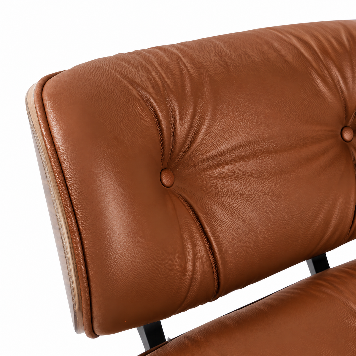 Headrest close-up of a mid-century lounge chair in cognac brown leather with walnut veneer