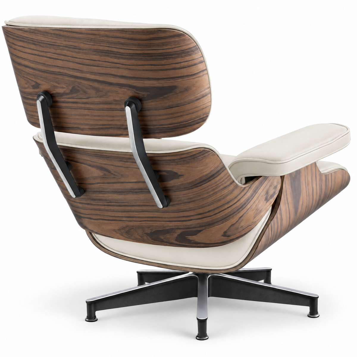 Mid-century lounge chair in cream leather with palisander veneer, rear three-quarter view