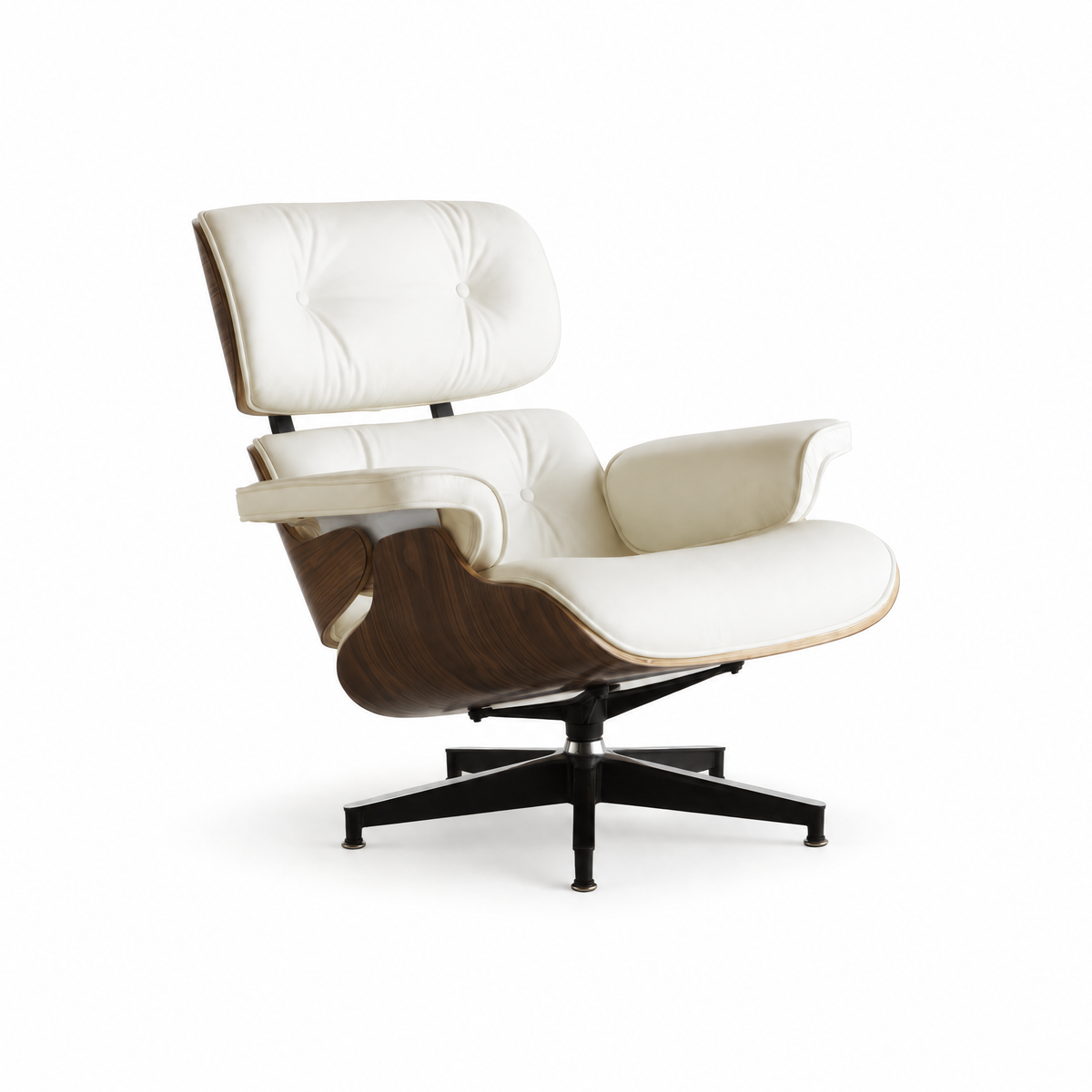 Mid-century lounge chair in cream leather with walnut veneer, front three-quarter view