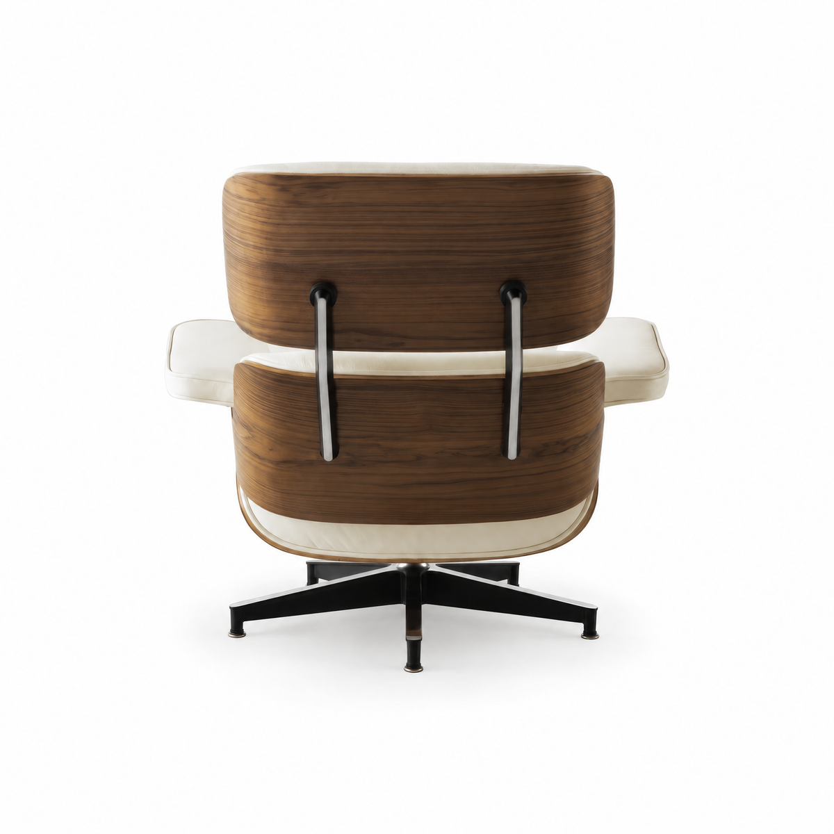 Mid-century lounge chair in cream leather with walnut veneer, rear view