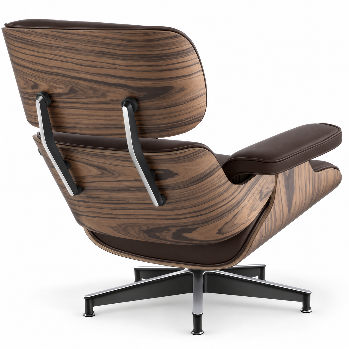 Mid-century lounge chair in saddle brown leather with palisander veneer, rear three-quarter view