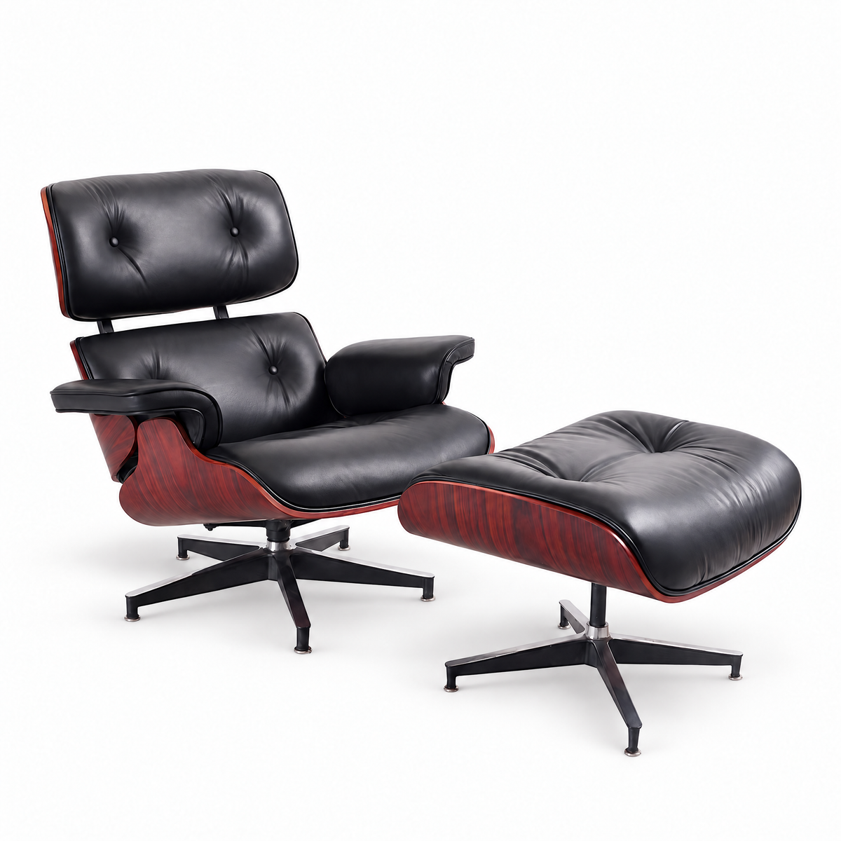 Mid-century lounge chair and ottoman in black full-grain leather with rosewood veneer, front three-quarter view