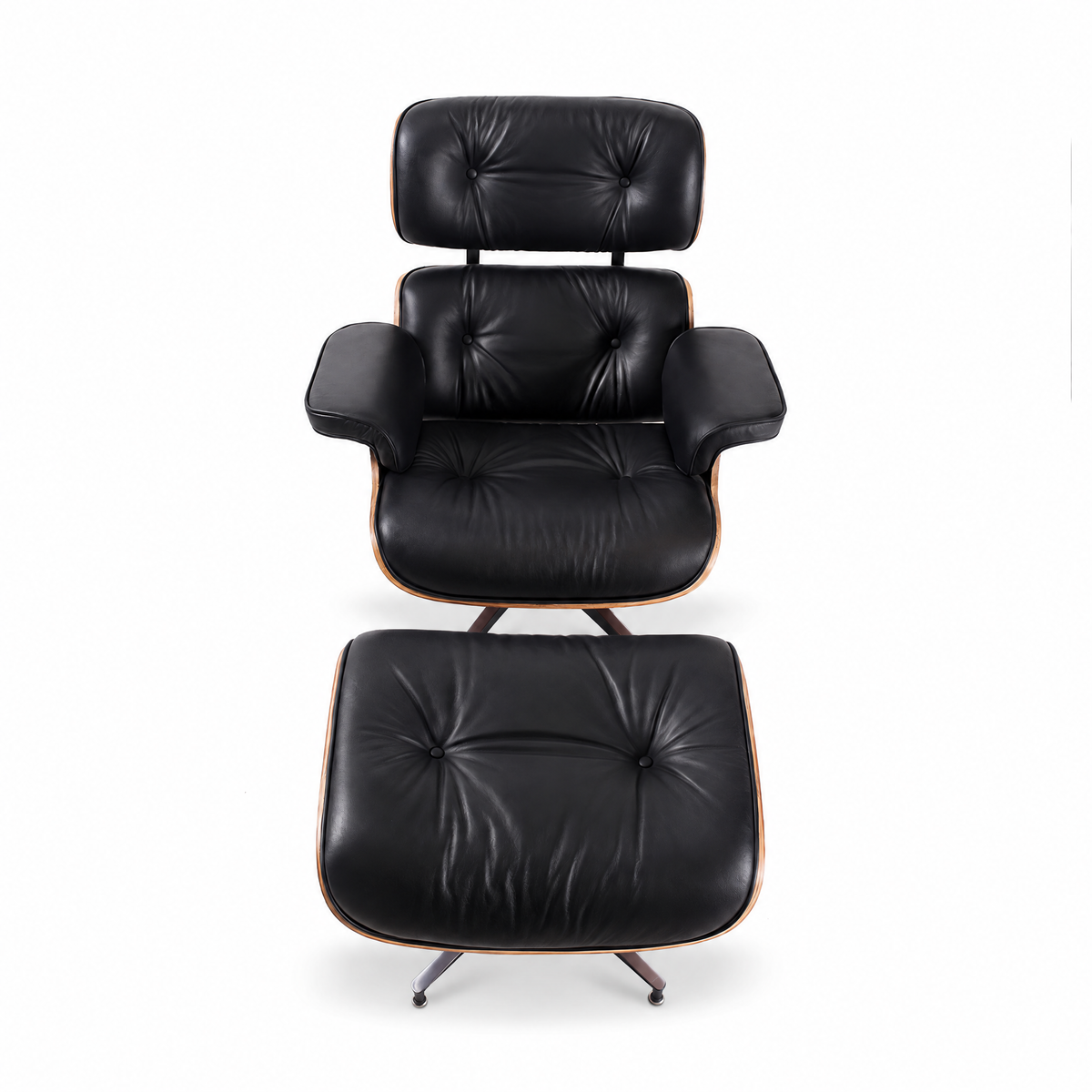 Mid-century lounge chair and ottoman in black full-grain leather with walnut veneer, elevated front view