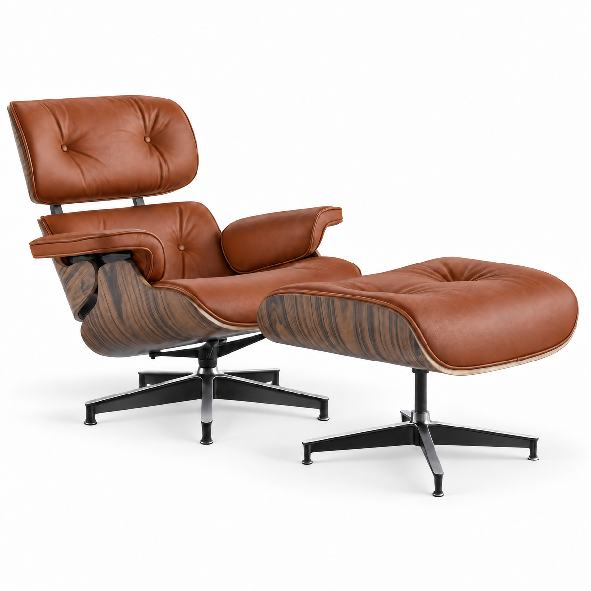 Mid-century lounge chair and ottoman in cognac brown full-grain leather with palisander veneer, front three-quarter view, alternate angle