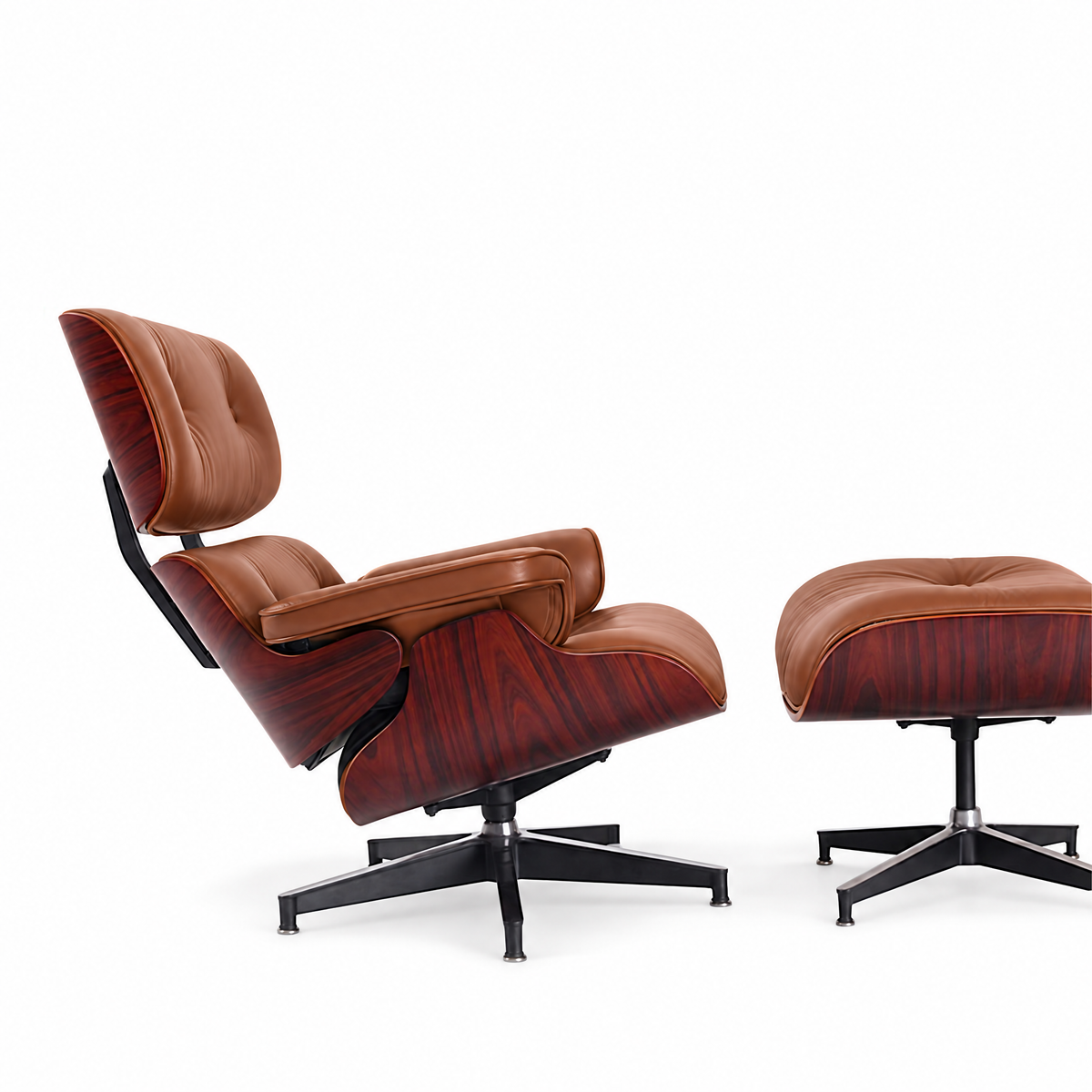 Mid-century lounge chair and ottoman in cognac brown full-grain leather with rosewood veneer, side view