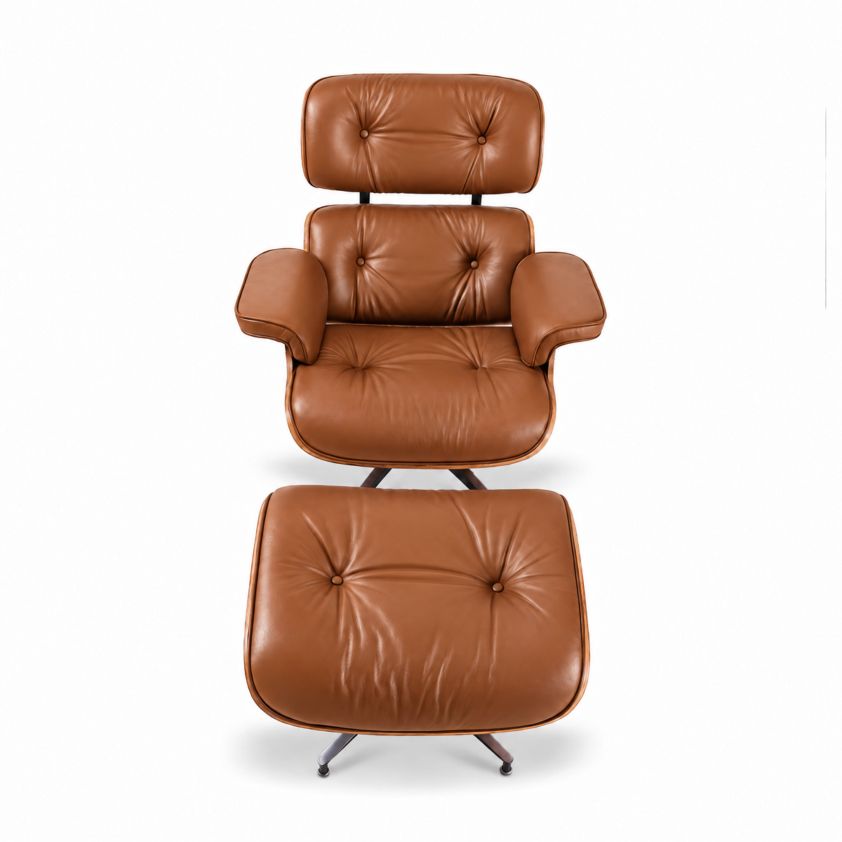 Mid-century lounge chair and ottoman in cognac brown full-grain leather with walnut veneer, elevated front view