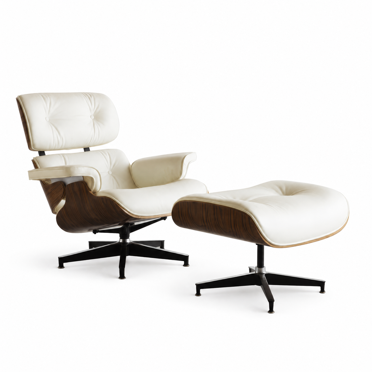 Mid-century lounge chair and ottoman in cream full-grain leather with walnut veneer, front three-quarter view