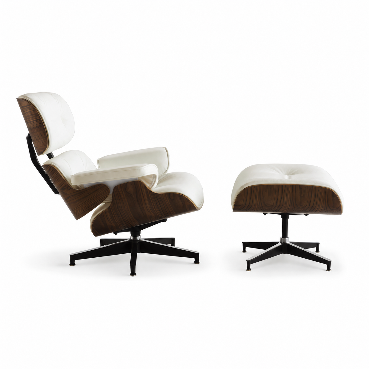 Mid-century lounge chair and ottoman in cream full-grain leather with walnut veneer, side view