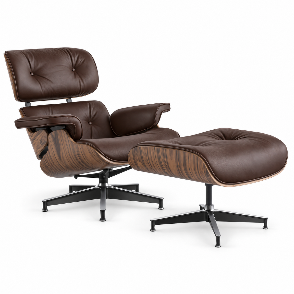 Mid-century lounge chair and ottoman in saddle brown full-grain leather with palisander veneer, front three-quarter view, alternate angle