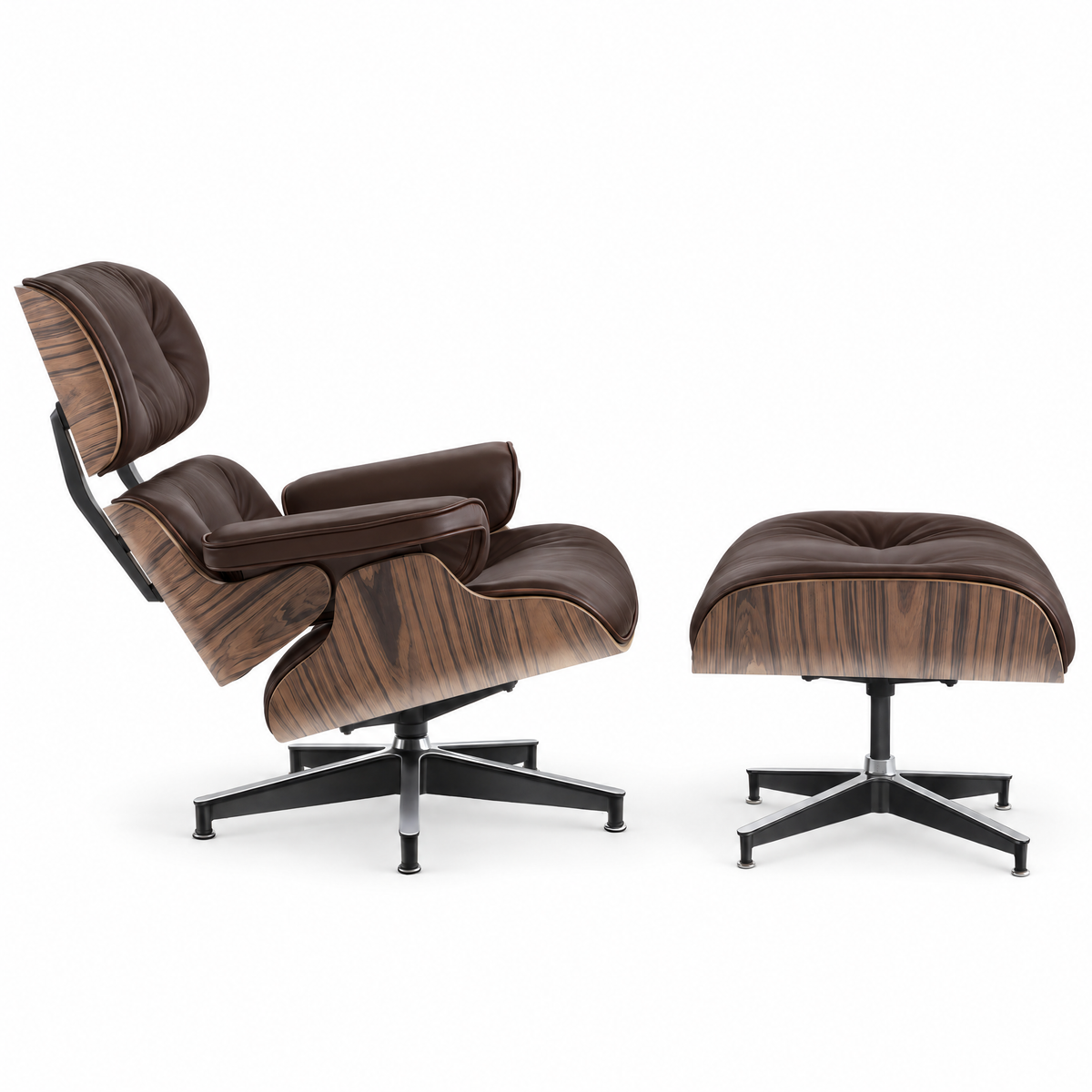 Mid-century lounge chair and ottoman in saddle brown full-grain leather with palisander veneer, side view