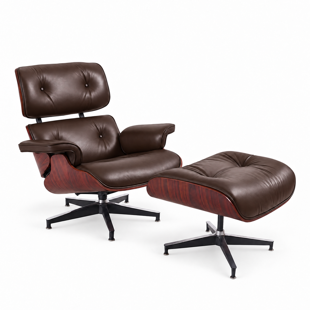 Mid-century lounge chair and ottoman in saddle brown full-grain leather with rosewood veneer, front three-quarter view