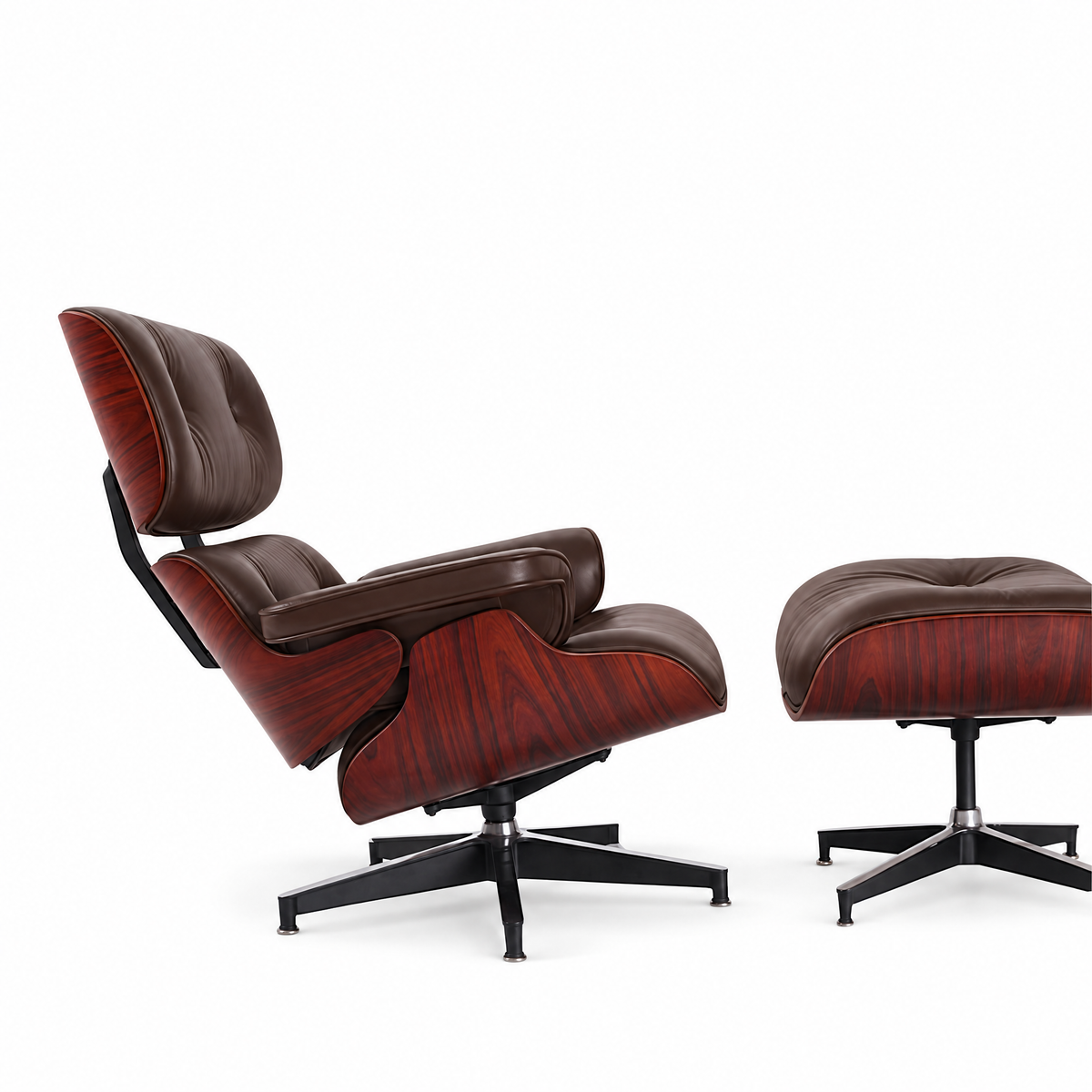 Mid-century lounge chair and ottoman in saddle brown full-grain leather with rosewood veneer, side view