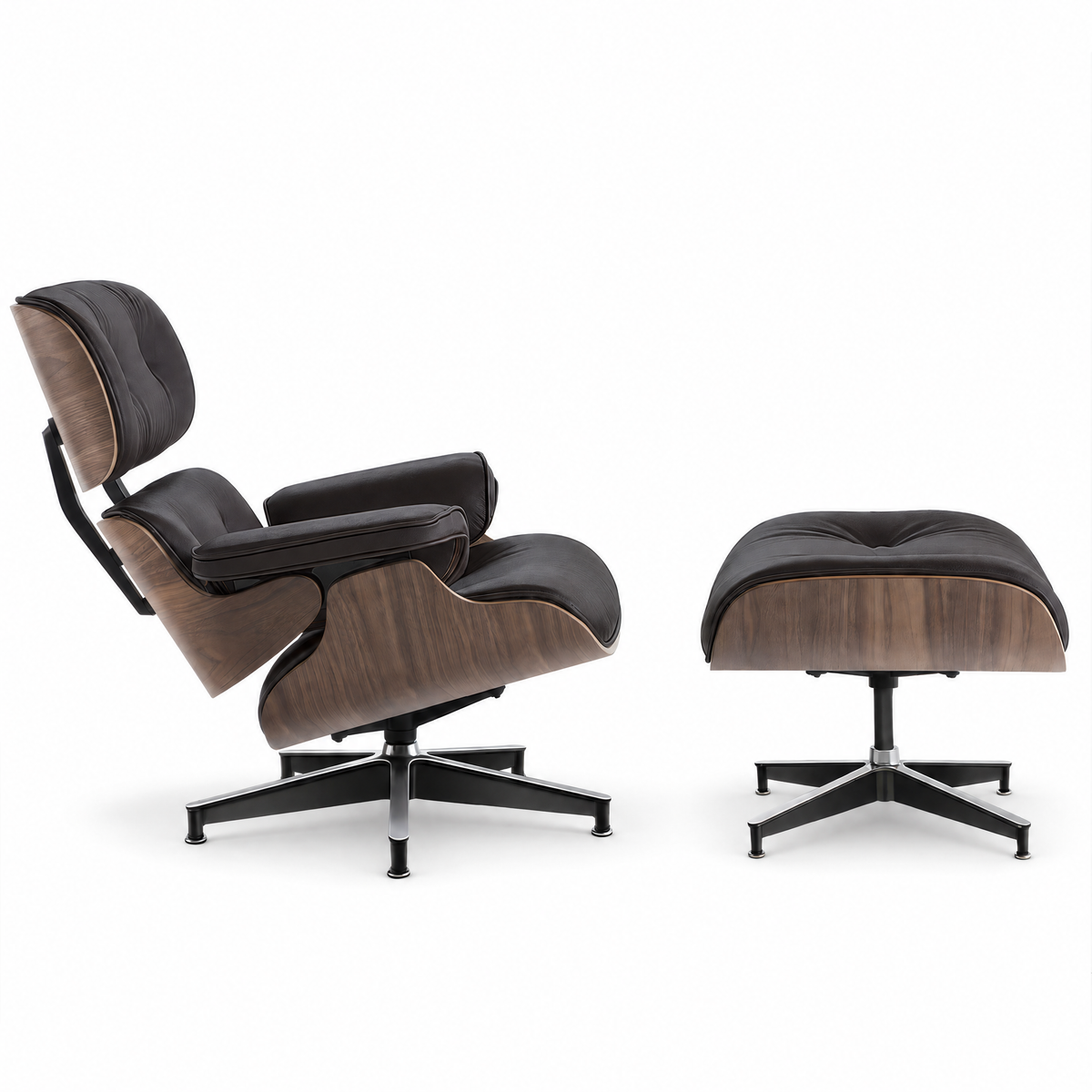 Mid-century lounge chair and ottoman in saddle brown full-grain leather with walnut veneer, side view