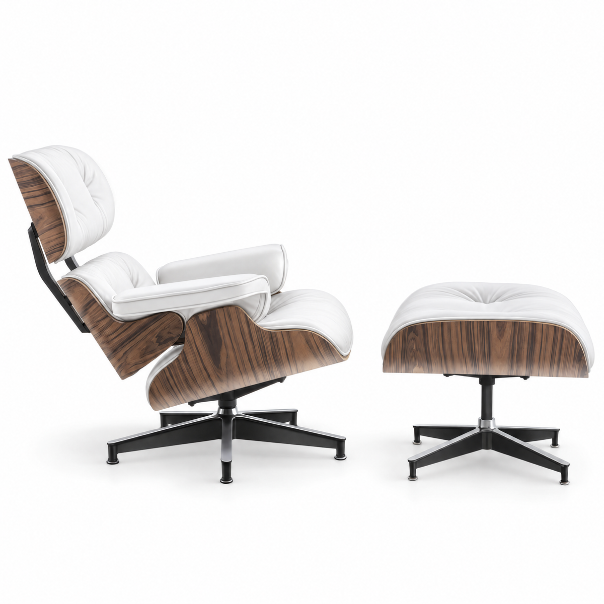 Mid-century lounge chair and ottoman in white full-grain leather with palisander veneer, side view