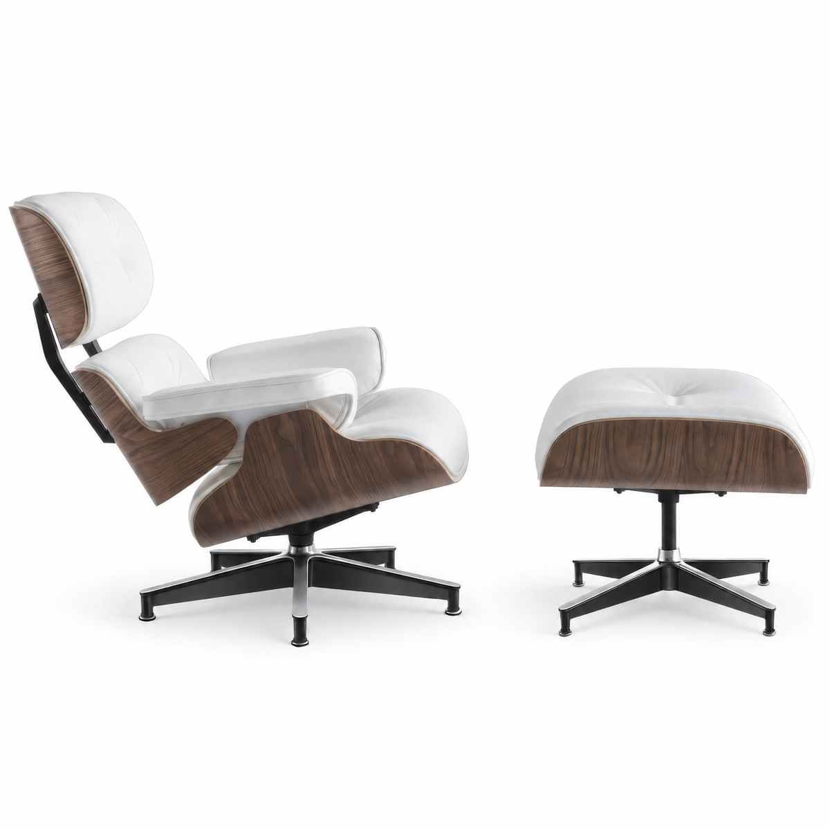 Mid-century lounge chair and ottoman in white full-grain leather with walnut veneer, side view