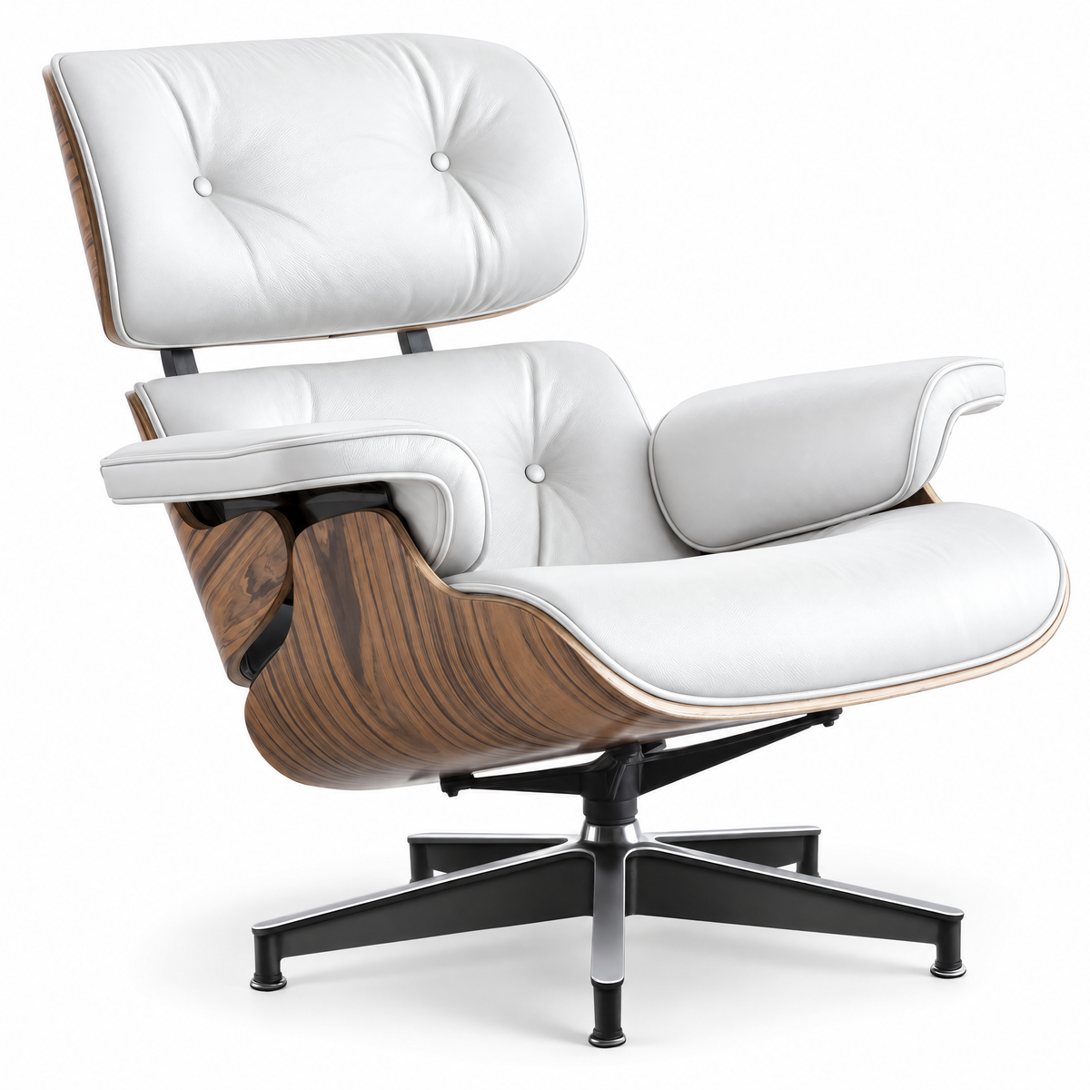 Mid-century lounge chair in white leather with palisander veneer, front three-quarter view