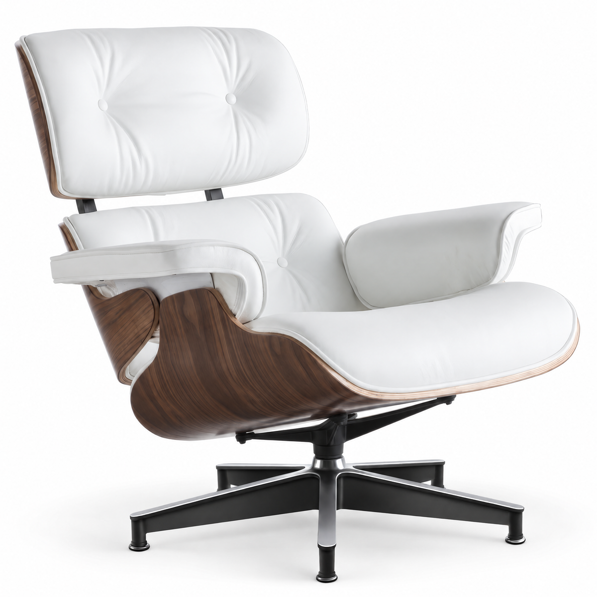 Mid-century lounge chair in white leather with walnut veneer, front three-quarter view