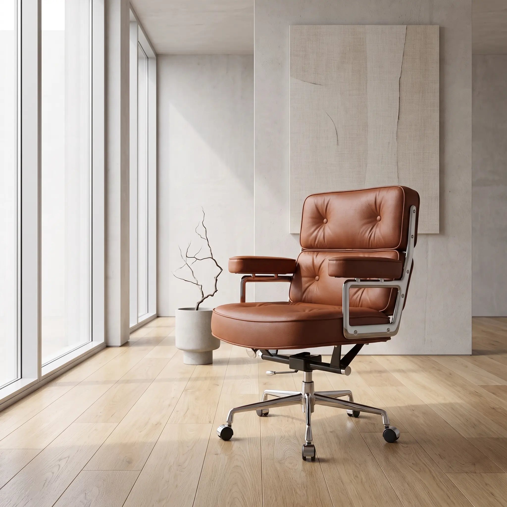Mid-century executive office chair in cognac brown full-grain leather with polished aluminum frame, in a minimalist interior