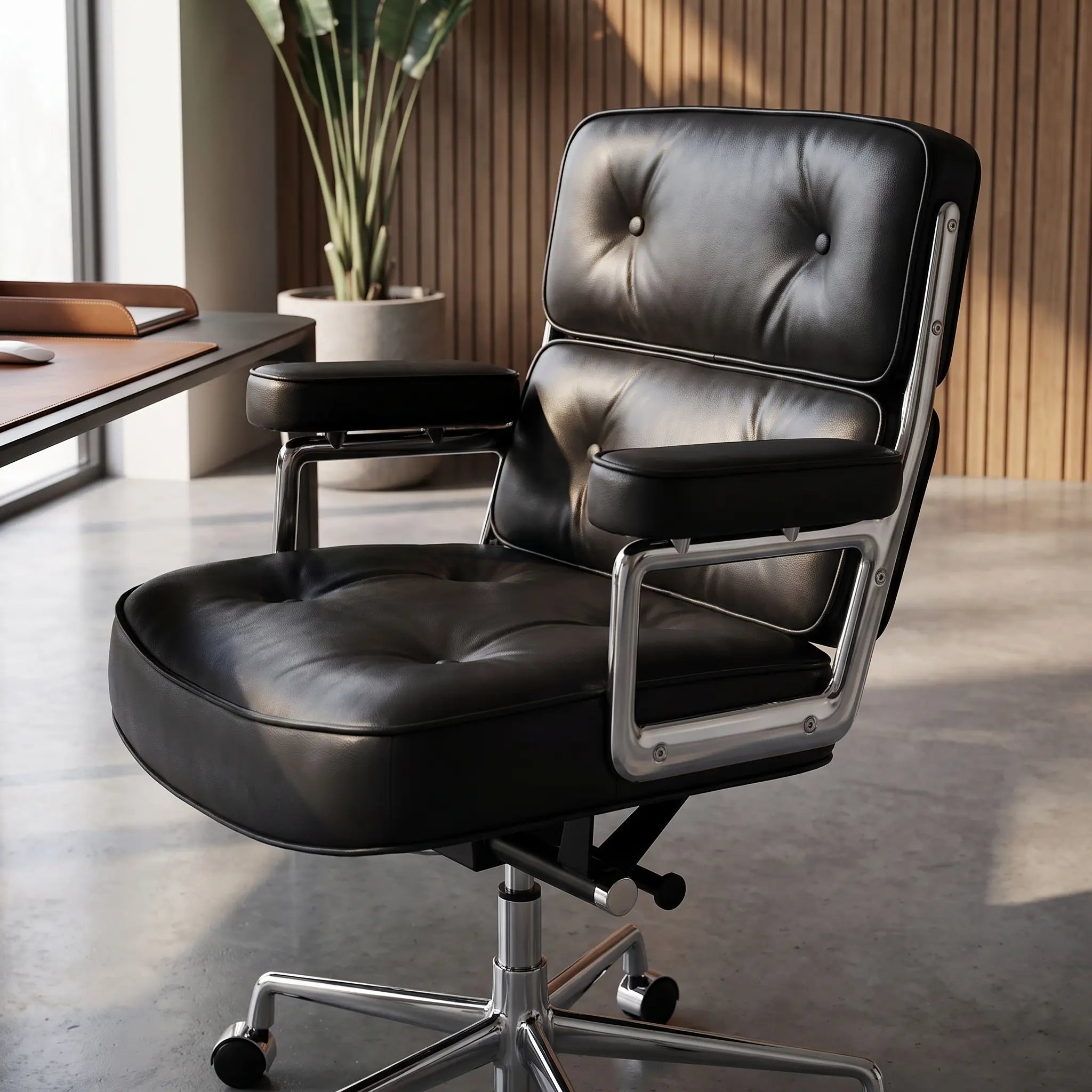 Mid-century executive office chair in black tufted full-grain leather with polished aluminum frame, close-up three-quarter view
