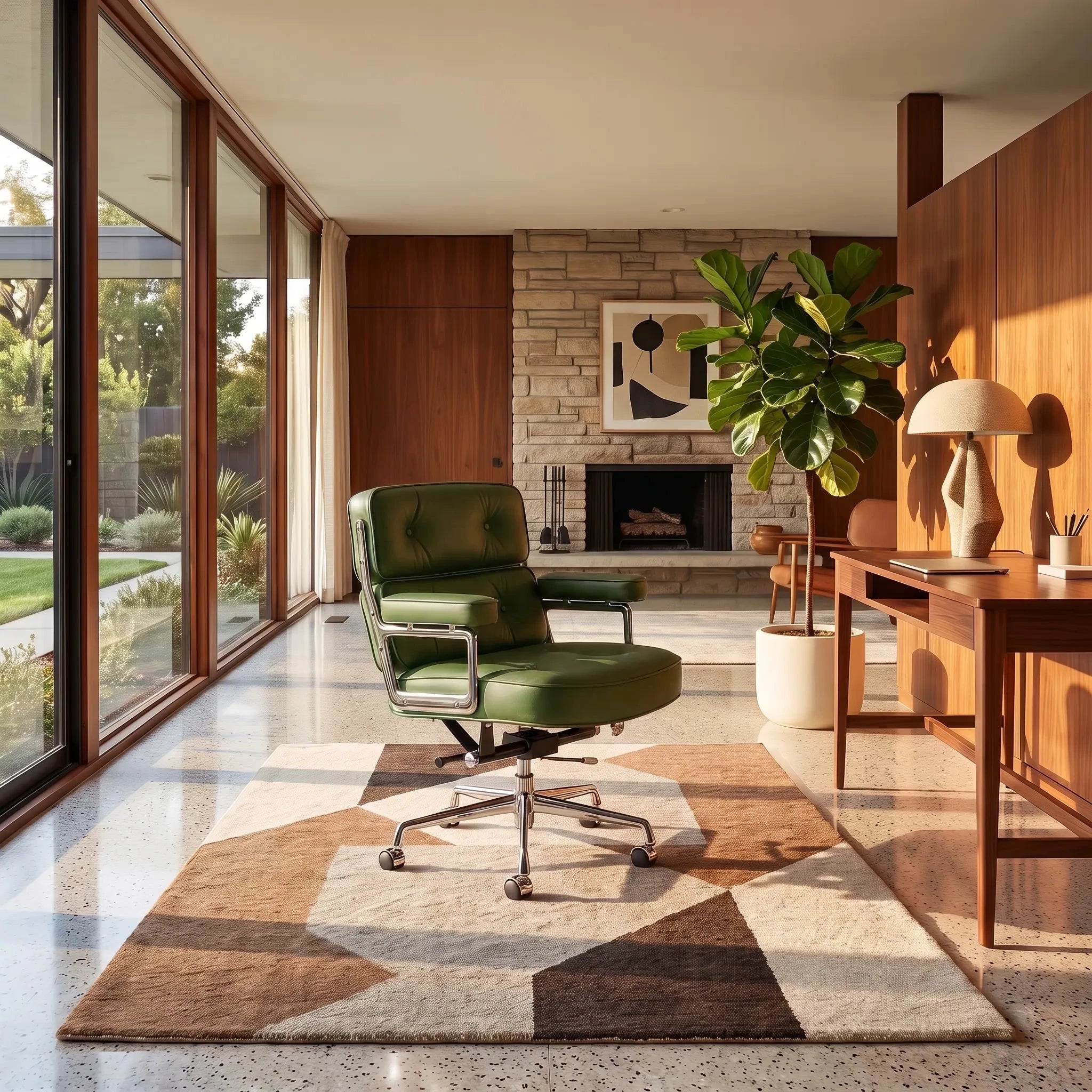 Mid-century executive office chair in olive green full-grain leather with polished aluminum frame, in a mid-century modern home office