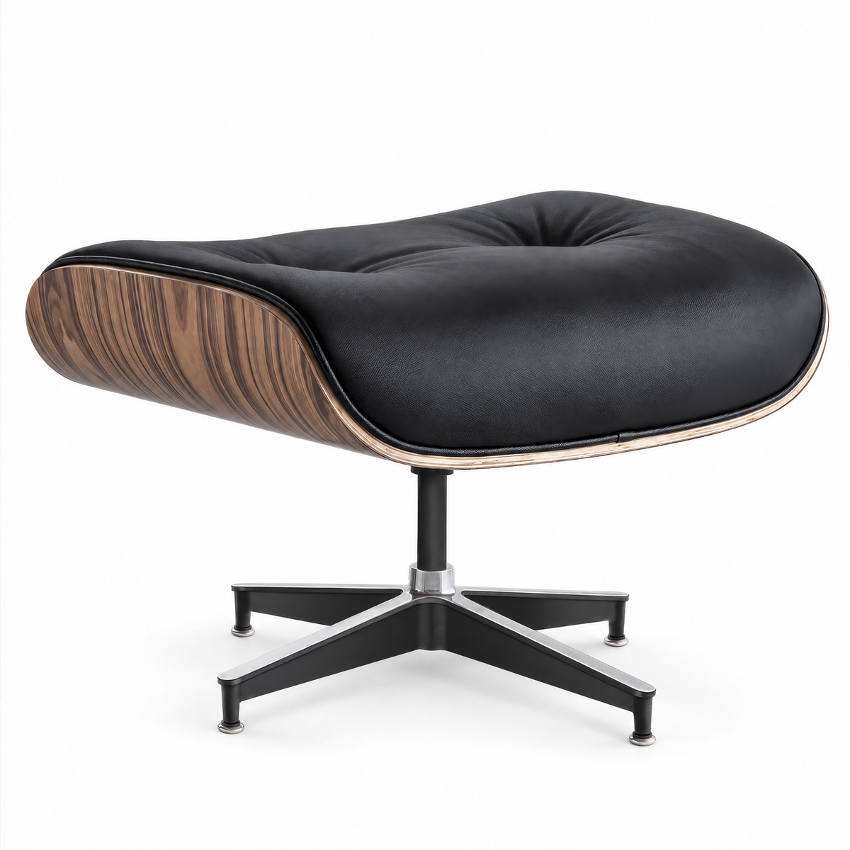 Mid-century ottoman in black full-grain leather with palisander veneer, front three-quarter view