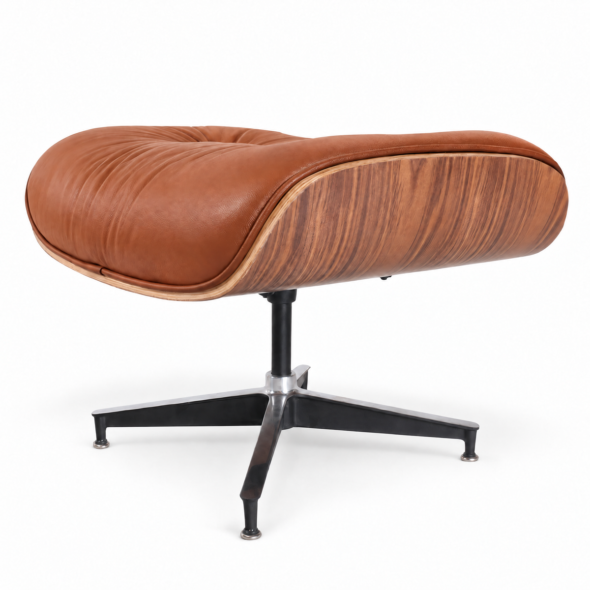Mid-century ottoman in cognac brown full-grain leather with walnut veneer, front three-quarter view