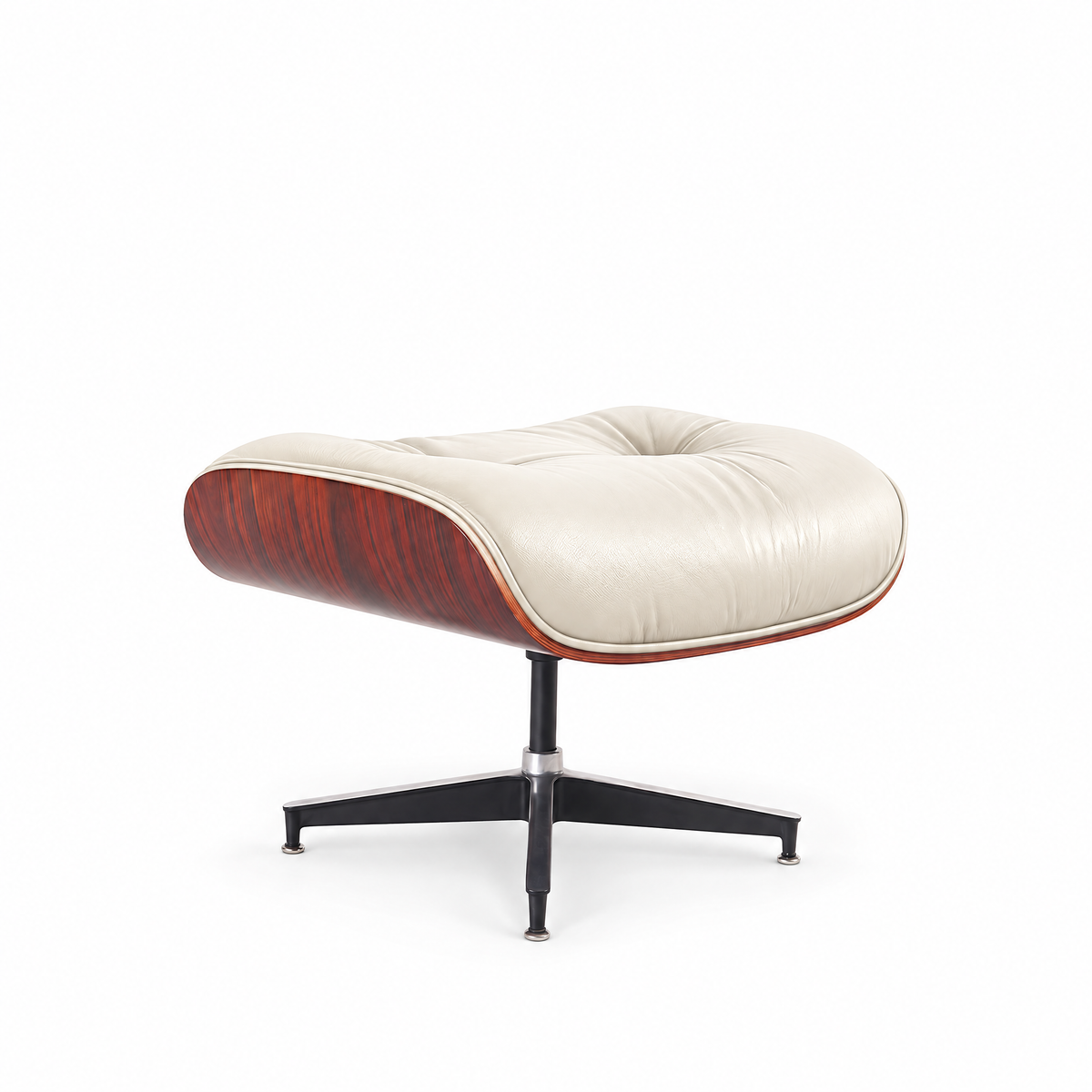 Mid-century ottoman in cream full-grain leather with rosewood veneer, front three-quarter view