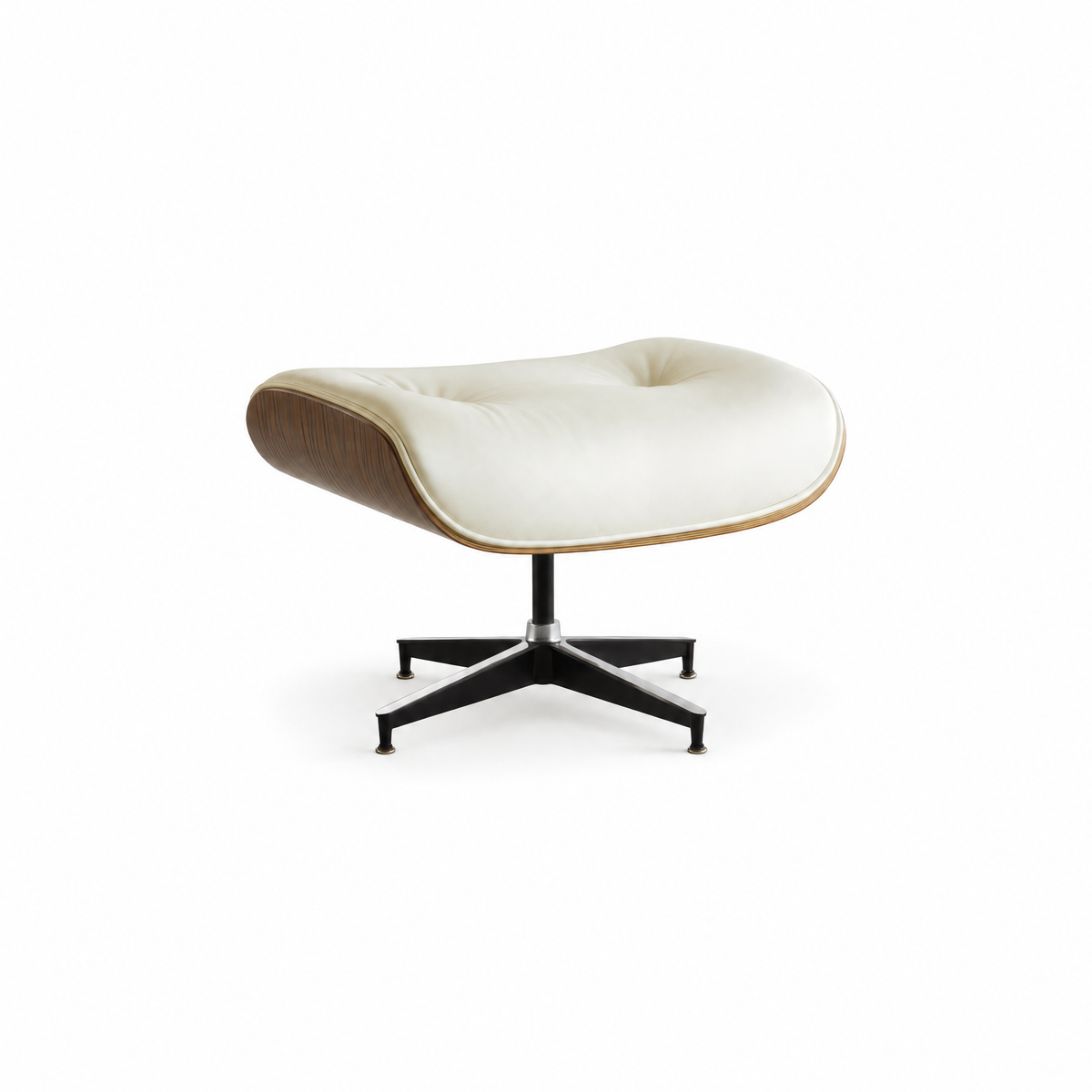 Mid-century ottoman in cream full-grain leather with walnut veneer, front three-quarter view