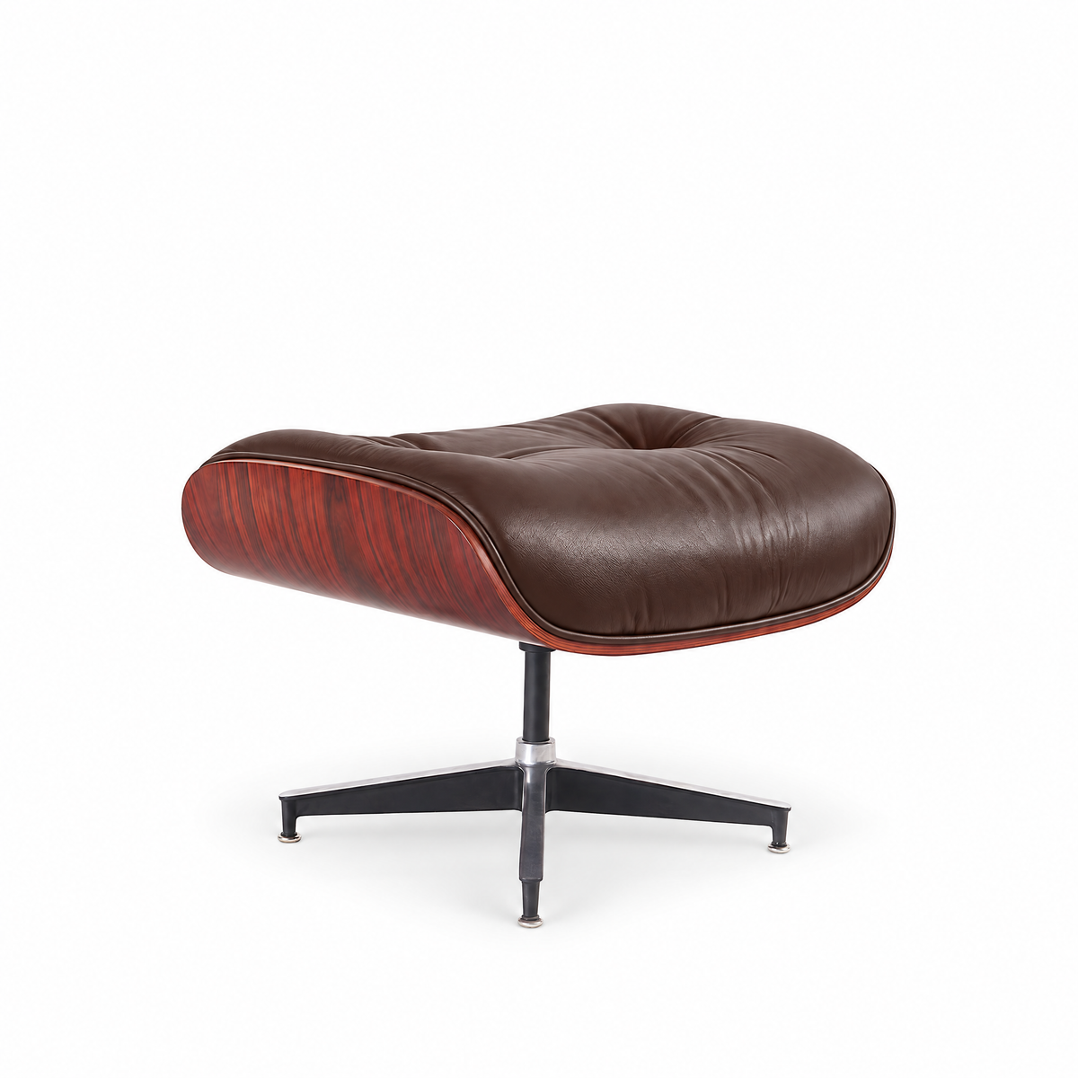 Mid-century ottoman in saddle brown full-grain leather with rosewood veneer, front three-quarter view