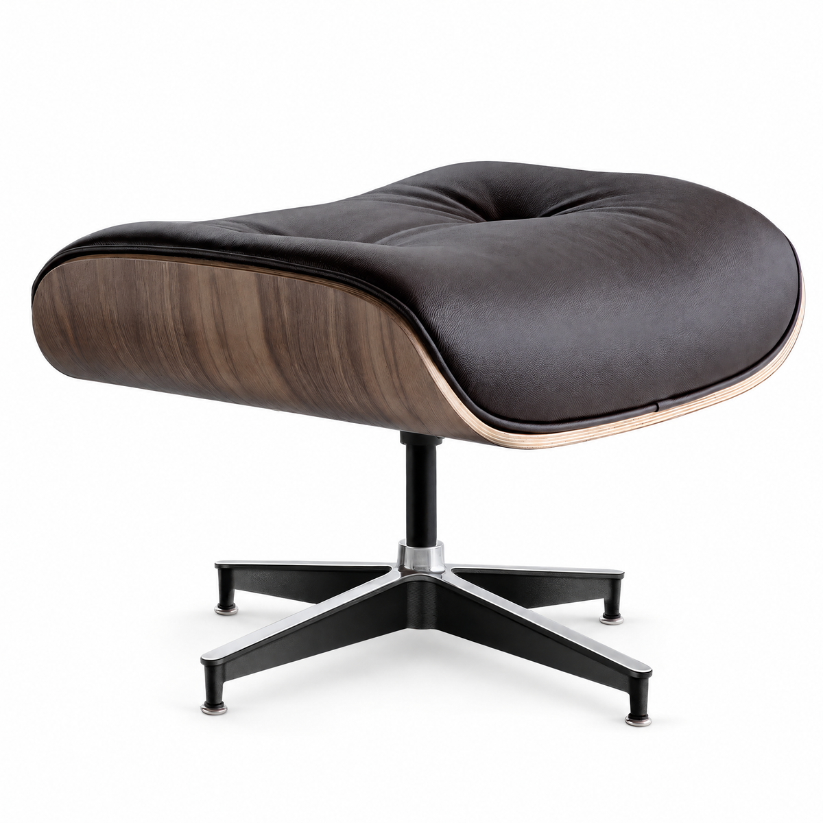 Mid-century ottoman in saddle brown full-grain leather with walnut veneer, front three-quarter view