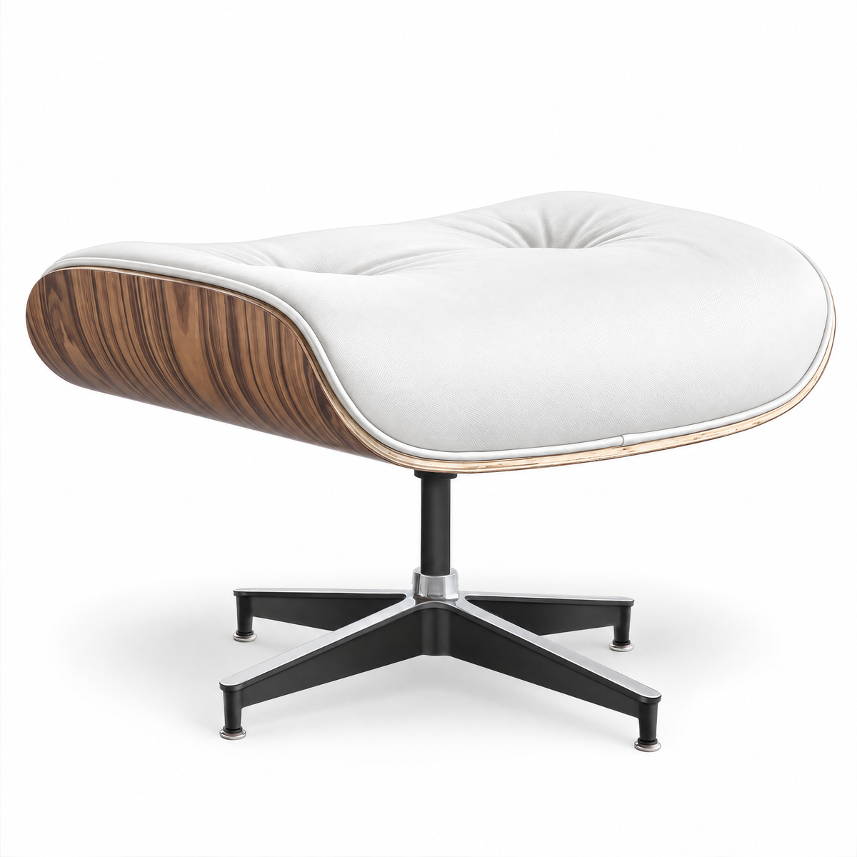 Mid-century ottoman in white full-grain leather with palisander veneer, front three-quarter view